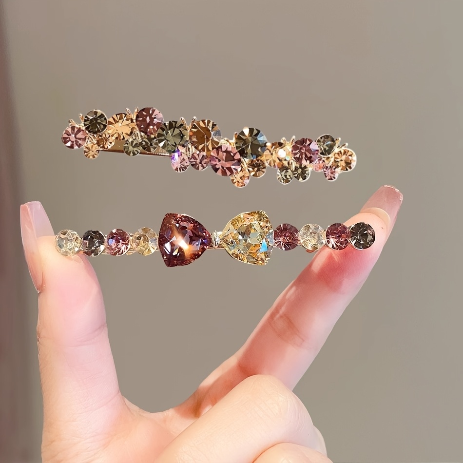 TEMU Elegant 2pcs Set: Sweet Colored Rhinestone Bow Spring Clips With Duckbill Hair Clips For An Ultra-ethereal Look