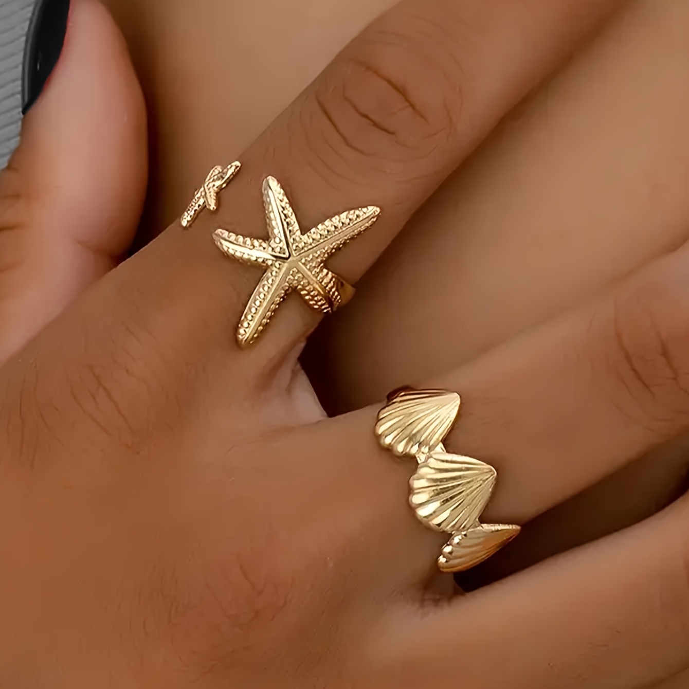 2pcs 3D Starfish & Shell Vintage Style Adjustable Ring Set