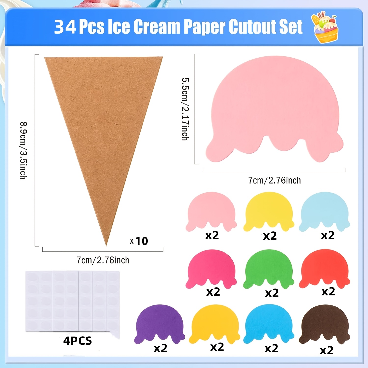 TEMU 34pcs Paper Ice Cream Cone Die-cut Set, Summer Bulletin Board Decorations, Ice Cream Cone-shaped Die-cuts With , Classroom Back-to-school