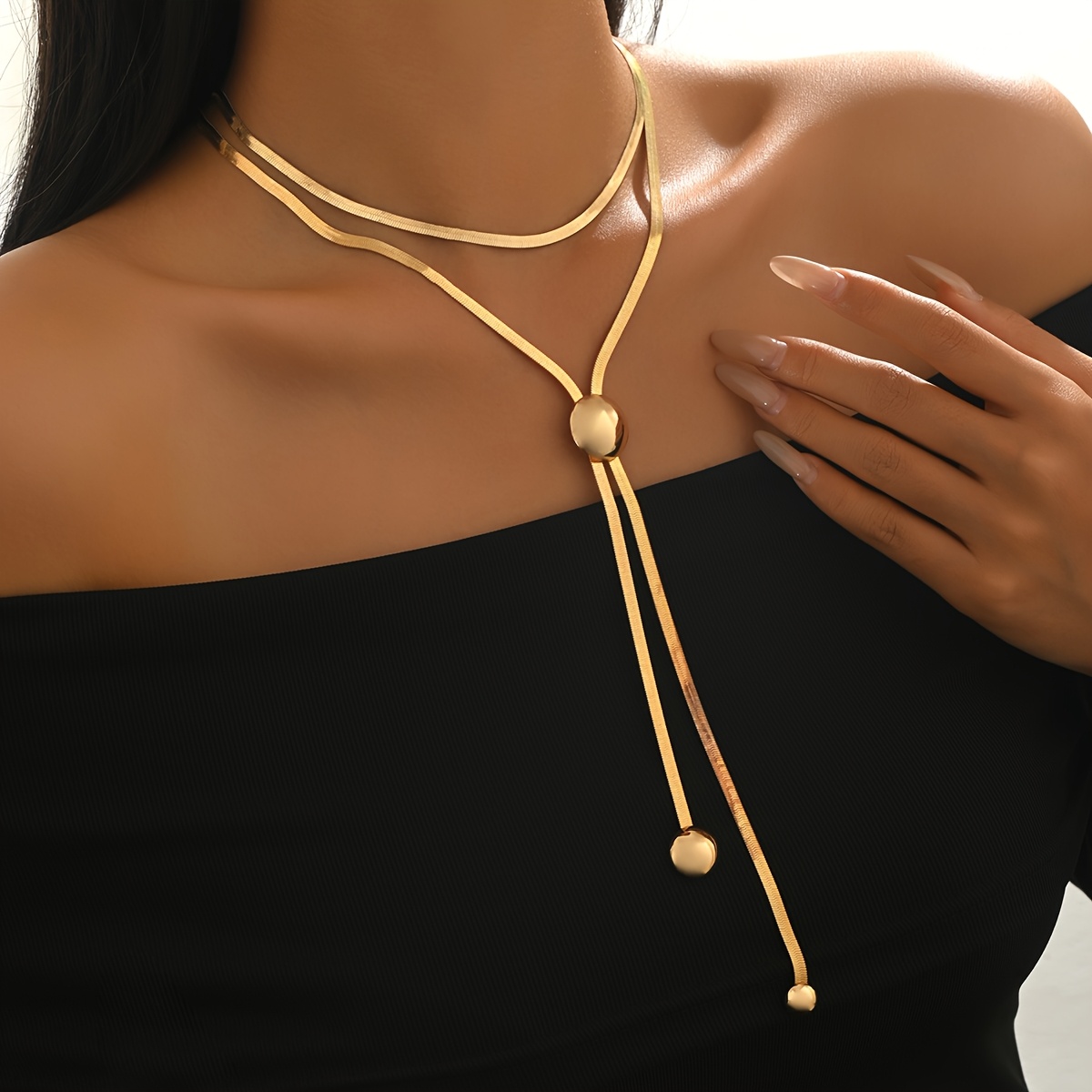 TEMU 1pc LXALRY Collier Élégant Double Couche Multi- Ajustable - Chaîne Double Minimaliste avec Pendentif en Y, Polyvalent pour Port , , Portable