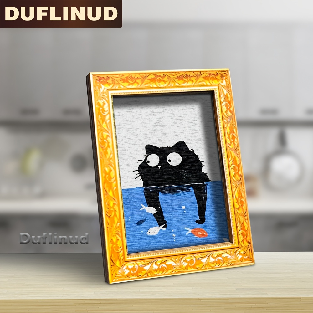 TEMU Aimant de réfrigérateur Chat 1 pièce, Petite œuvre d'art murale créative encadrée, Motif qui un coup d'œil et banc de poissons, Cadre en bois,