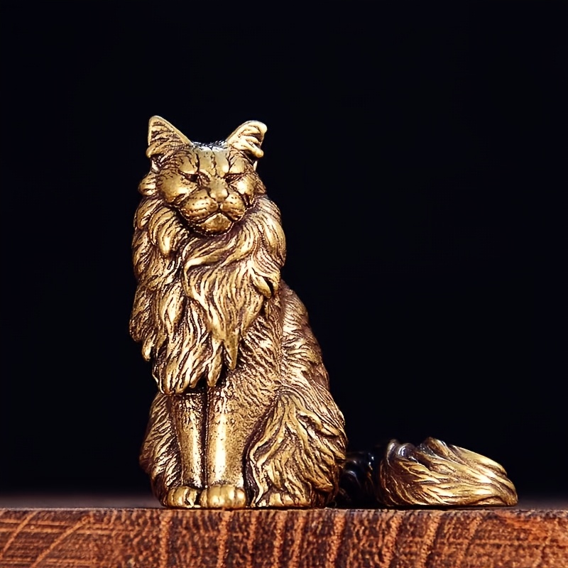TEMU Vintage Solid Brass Maine Coon Cat Figurine, Vintage Metal Long-haired Cat Desktop Halloween Decoration