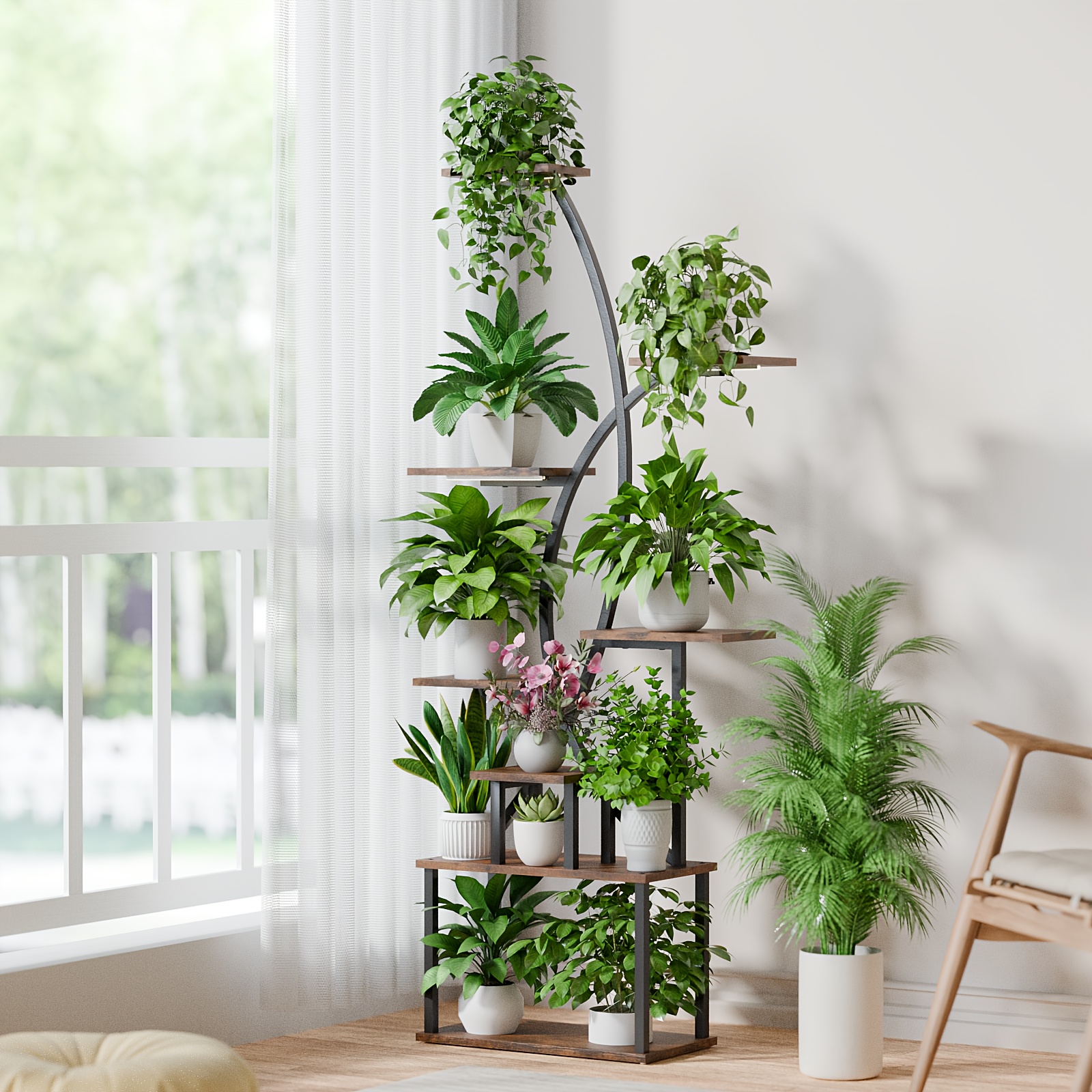 Indoor Plant Stand Light, 8-tier 65&*;Shelving Unit, Multi-functional  Metal Display Stand For Plants, Decorations Frames, Curved Shape Shelf F