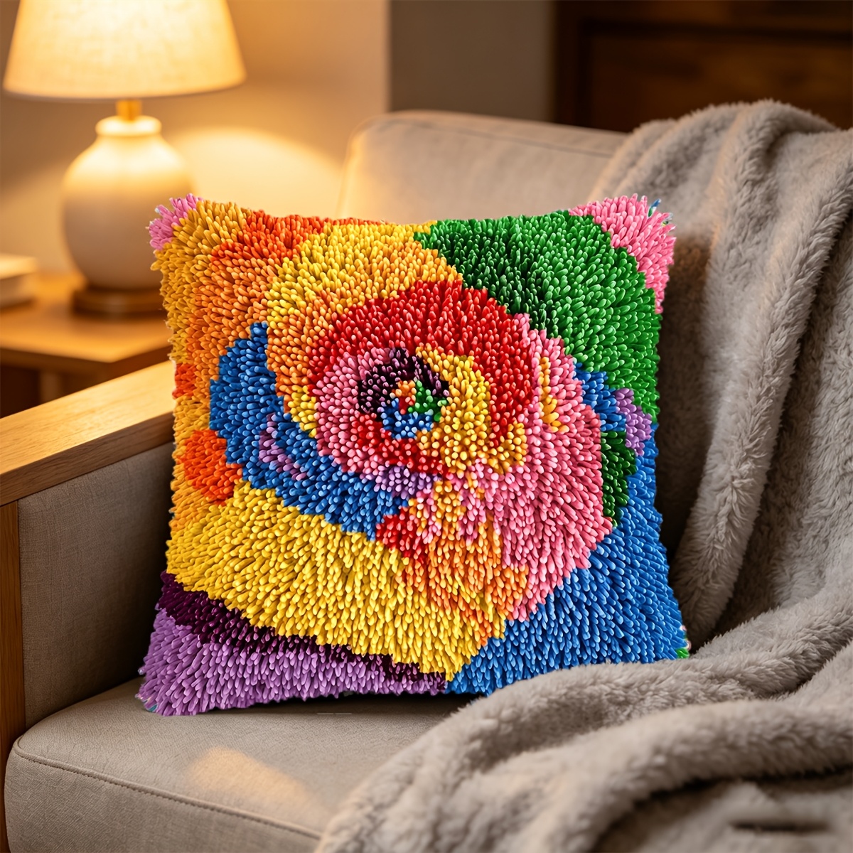 Latch Hook Pillow Kit with Spiral Plant Patterns, DIY Craft Set