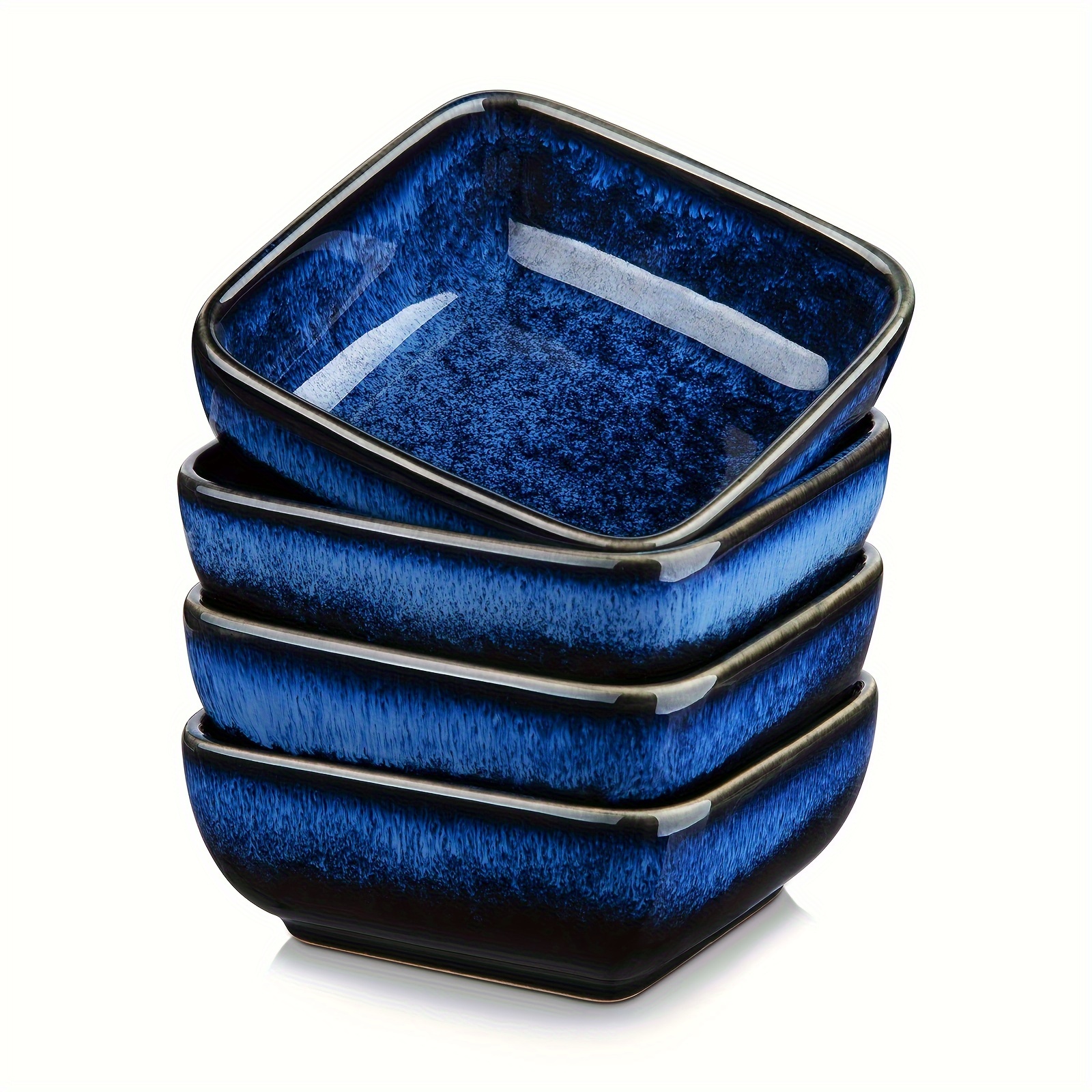 4-piece Mini Snack Plates, Dipping Bowls Blue Stoneware Soy Sauce Plates, Square , Small Appetizer Plates 180 Ml