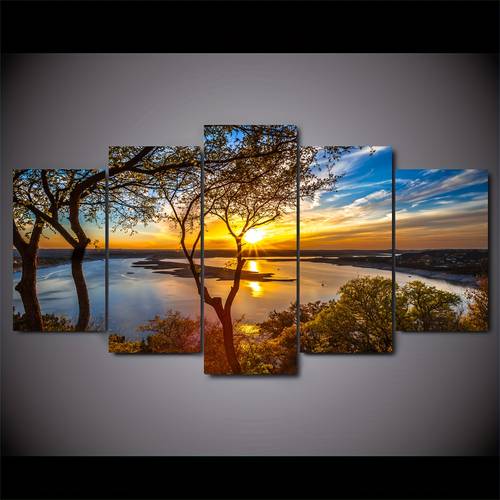 5 panel sunrise landscape canvas wall art scenes with trees rivers mountains unframed home decor for living room or bedroom outdoor decor