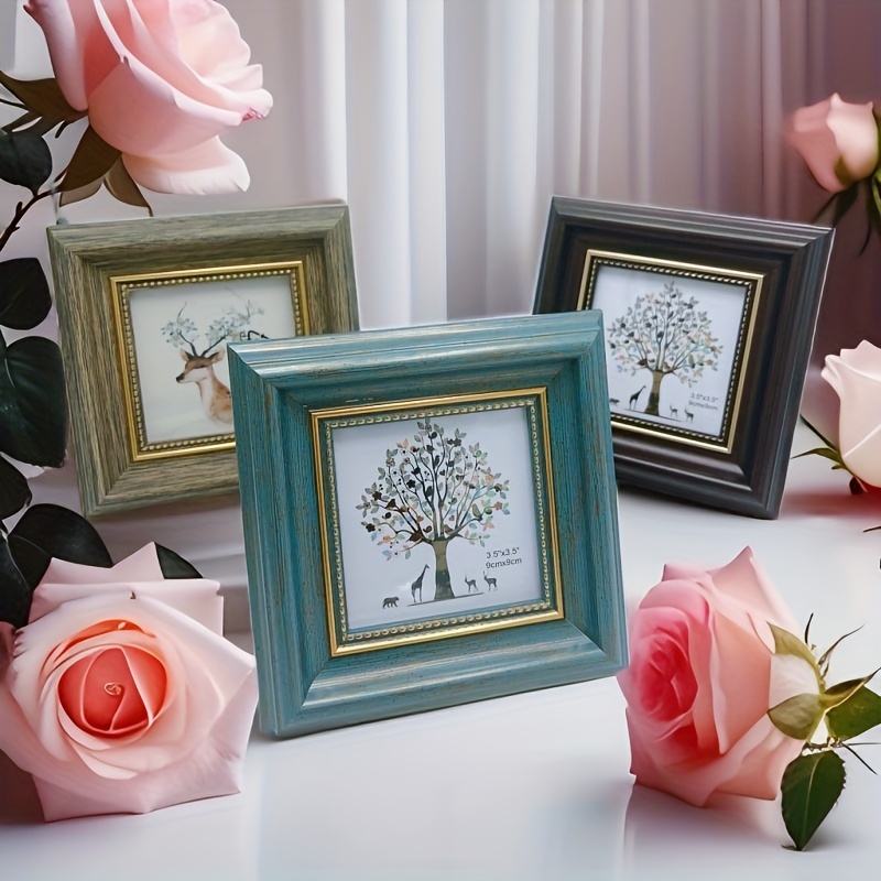 

1pc -chic 4" Square Wooden Photo Frame With Embossed - Rustic/teal/ , Family Photos & Gifts | Ideal For Home, Office, Living Room Decor | Valentine's, New Year, Easter Gift, Home Decor