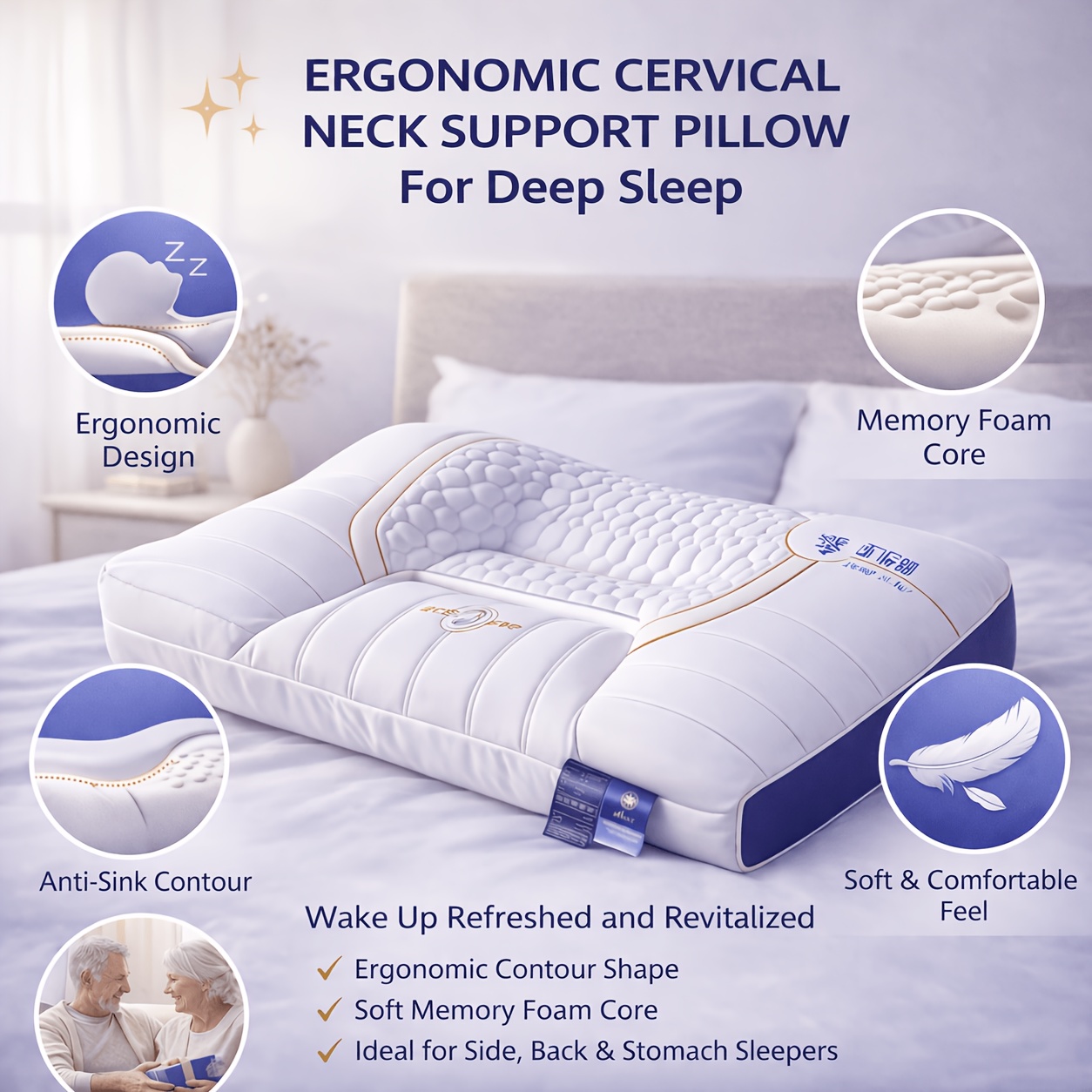 2pcs Deep Sleep Cervical Support Pillows - All-Season Soft Comfortable Bed Pillows, with 900G Non-Collapsible Support Core, Fiber Pillowcase, Fluffy Down Alternative Filling, Suitable for Back/Side Sleepers, Home And Travel