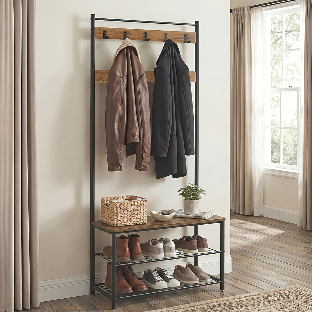TEMU Porte-manteau d'entrée avec banc à chaussures, rustique et noir, étagère à chaussures avec porte-parapluies