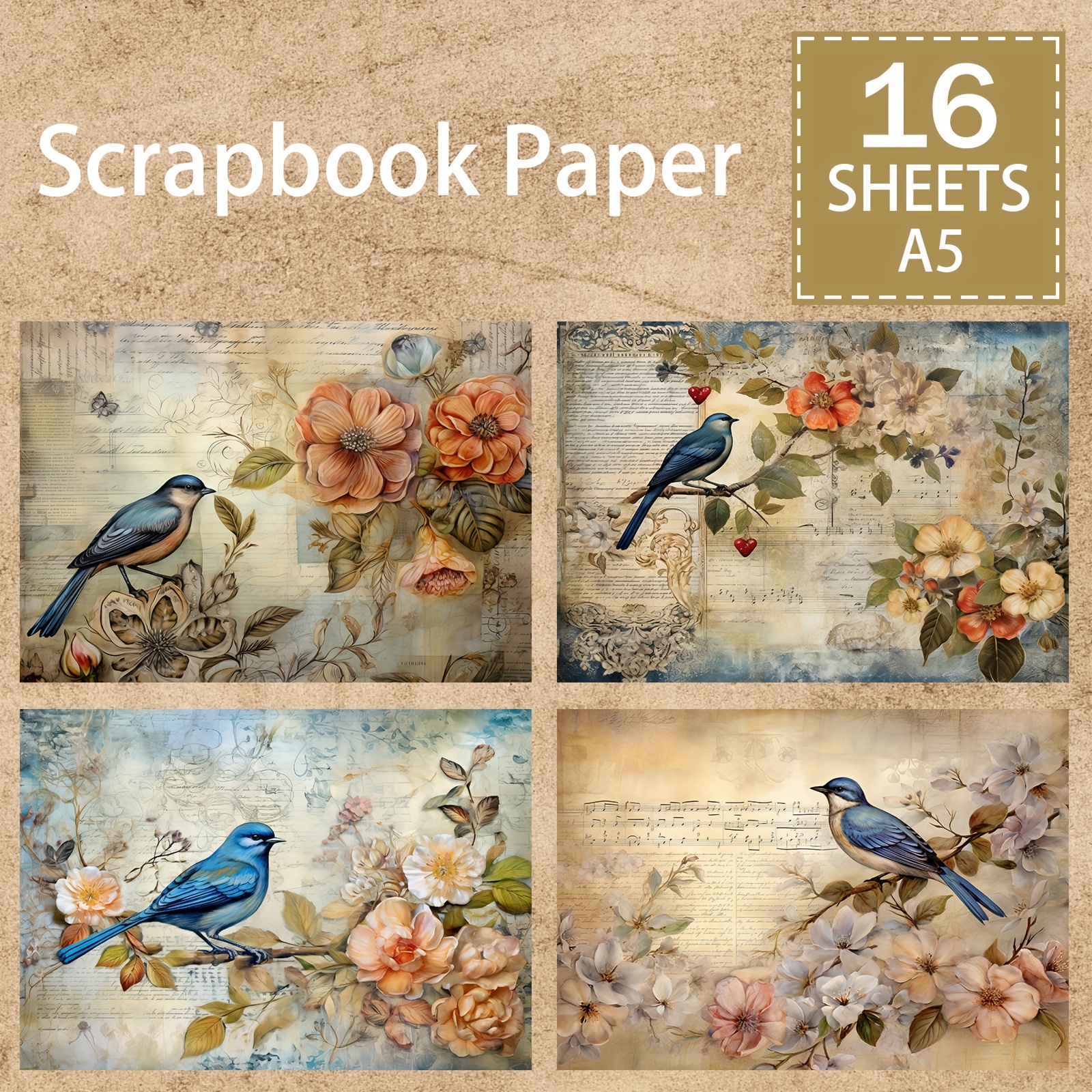 

16 Sheets Of A5 Size Vintage Newspaper With Blue Sparrow Bird Floral Sheet Music Word Background Material Decoration Diy Vintage Diary Junk Diary Greeting Card Planner Scrapbook Background Mat