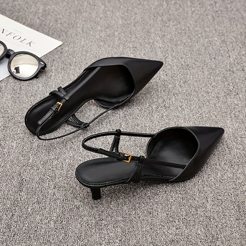 Black Faux Cover Pointed Toe Mid-Heel Sandals for Women - Elegant Summer Party & Professional Wear with Golden-Tone Buckle Strap, Formal Occasion Shoes | Sleek Stiletto Design | Durable Rubber Sole, High Heel Sandals