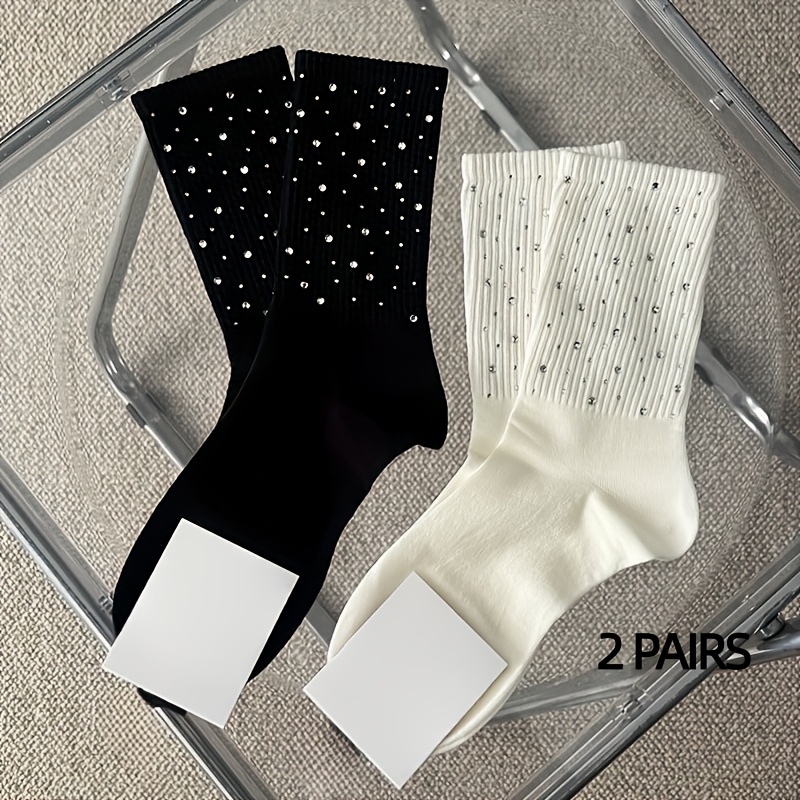 Image of 1/2-pair Set Of Solid Color Socks With Rhinestones, Women's Comfortable Mid-calf Socks