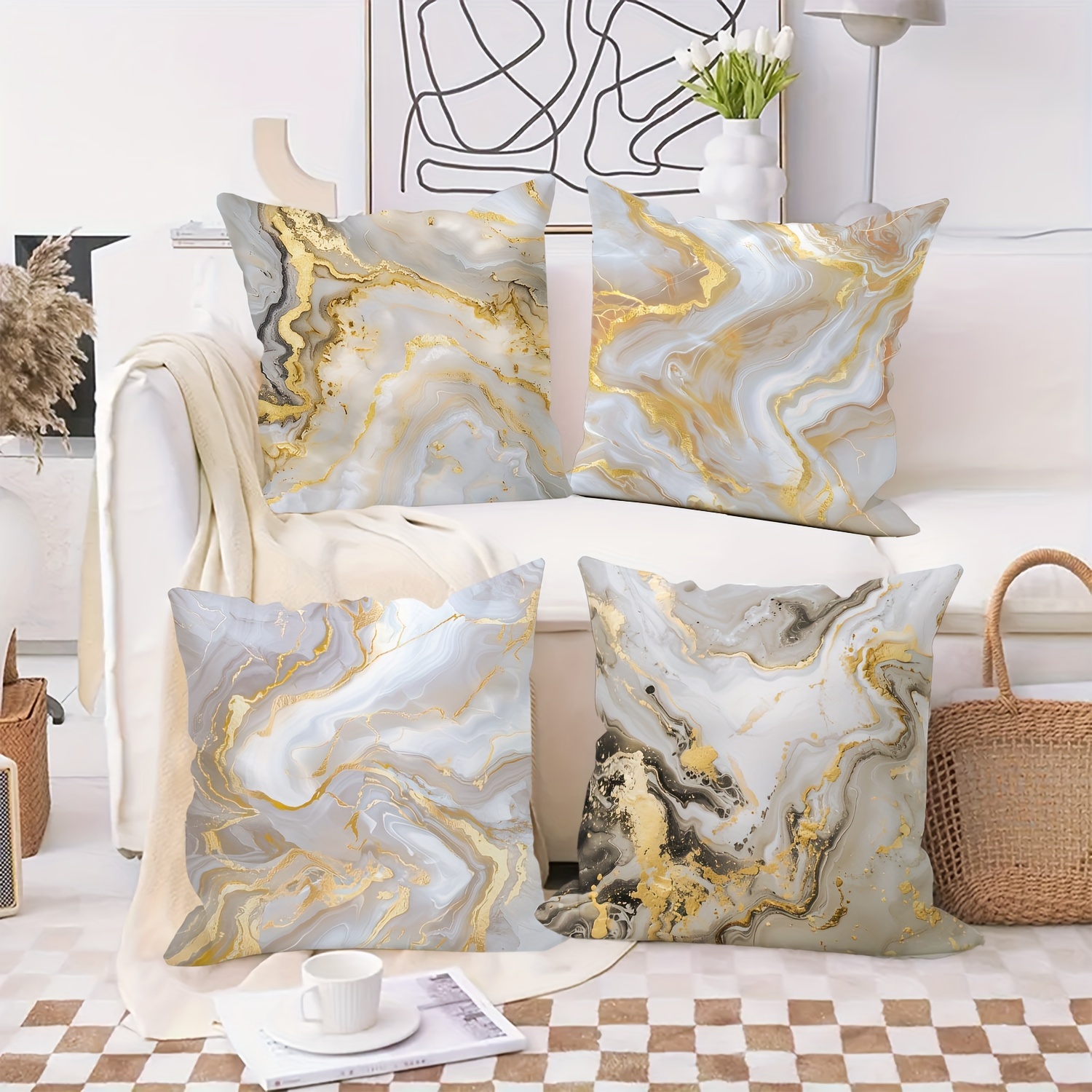 

4-piece Set Modern Abstract Marbled Gray & Metallic Bronze Velvet Throw Pillow Covers, 18x18 Inches - Zippered Polyester Cushion Cases For Home And Bedroom Decor