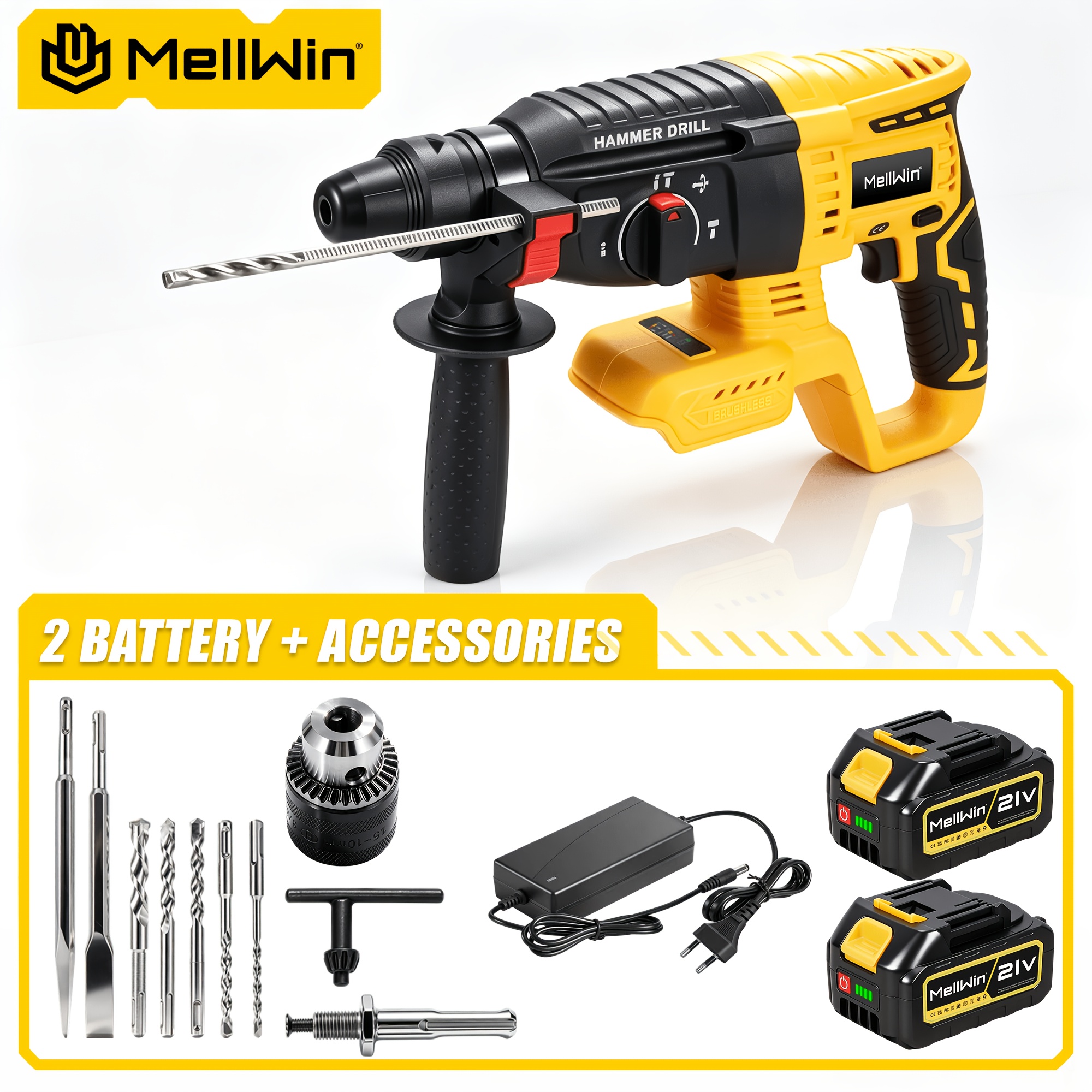 Brushless Electric Hammer Drill, Cordless 4-speed Impact Rotary Drill, 26mm With Drill Bit, Suitable For Drilling Concrete,, Brick And Wood Home Decoration Industrial Scenes