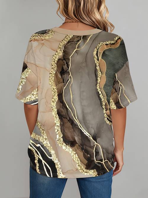 printed design not textured womens summer new plus size fashion print pattern casual v neck short sleeve t shirt loose drop shoulder casual top v neck top suitable for and versatile t shirt