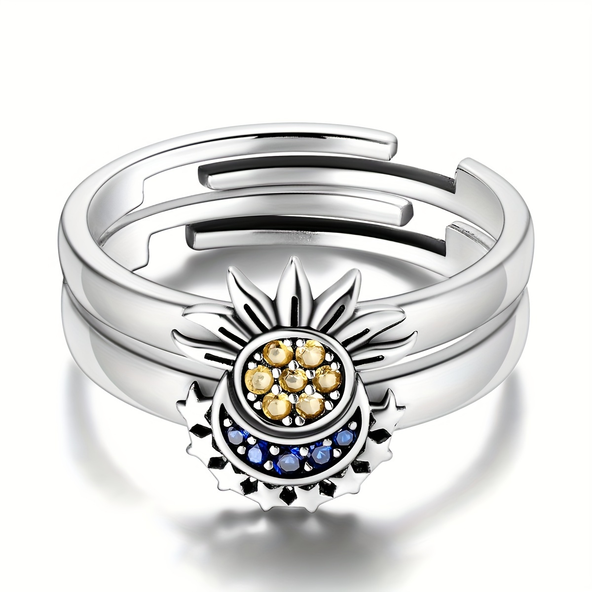 925 Sterling Silver Adjustable Ring, Moon and Sun Design