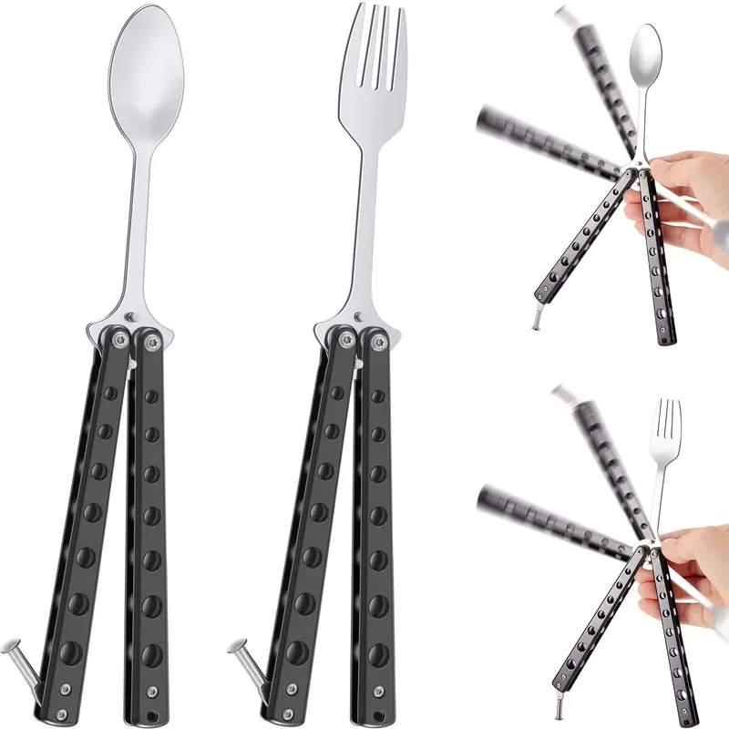 2pcs fork and spoon set stainless steel folding utensils with ergonomic handles compact travel for camping hunting durable portable black camping essentials sleek metallic metal Product details 2