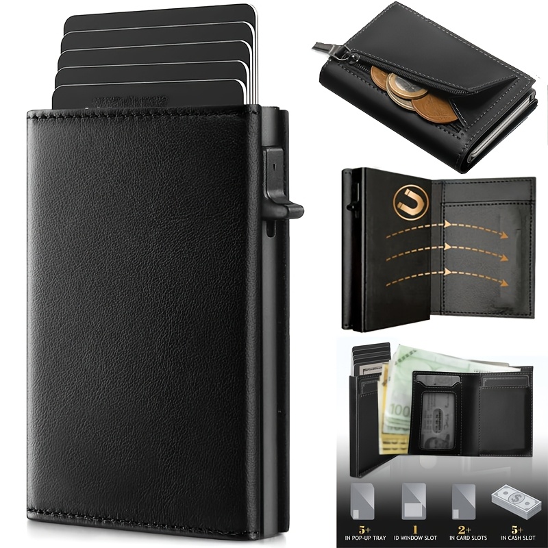 Image of Men's Rfid-blocking Wallet With Coin Pocket And Id Window, Minimalist Business Aluminum Alloy Auto- Holder, Credit Card Slot And Cash Compartment, Valentine's Day Gift For Men