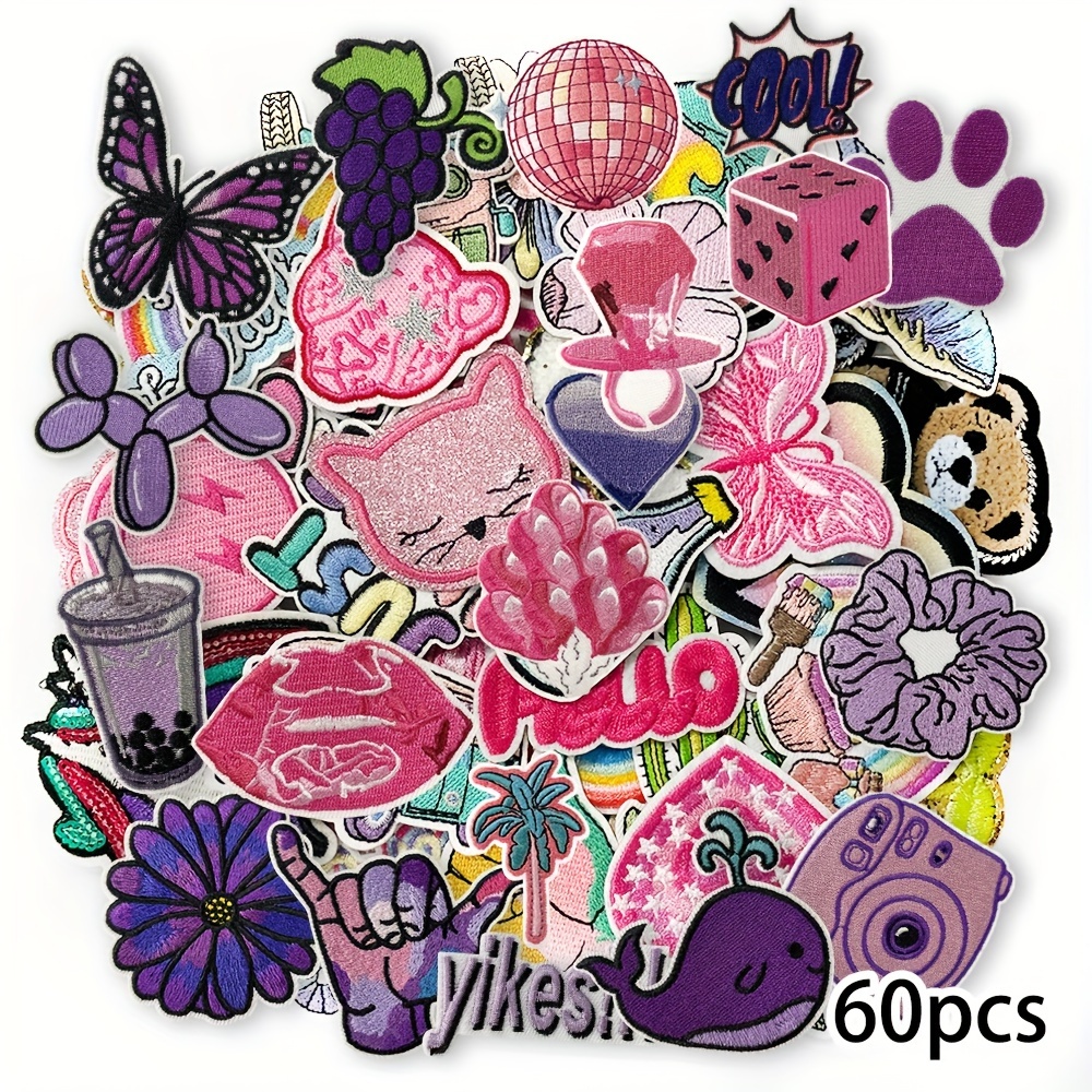 

60pcs Embroidered Iron-on Set - Assorted Appliques For Diy Jackets, , Backpacks & - Purple Sewing & Knitting Supplies