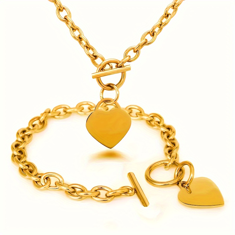 

2pcs Luxury Stainless Pendant Jewelry Set, Gold-tone Necklace And Bracelet, Women's Casual, Business, Party, Wedding - Valentine's Day Gift, Wear
