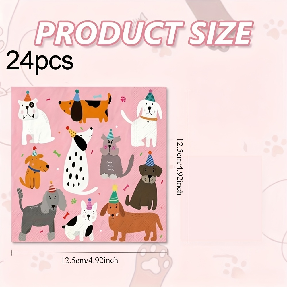 Image of 24pcs Dog Party Napkins - Pink Paper Serviettes, Cute Puppy Disposable Napkins, Suitable For Pet Animal Party Beverage Table Decoration Supplies For School For Halloween、christmas