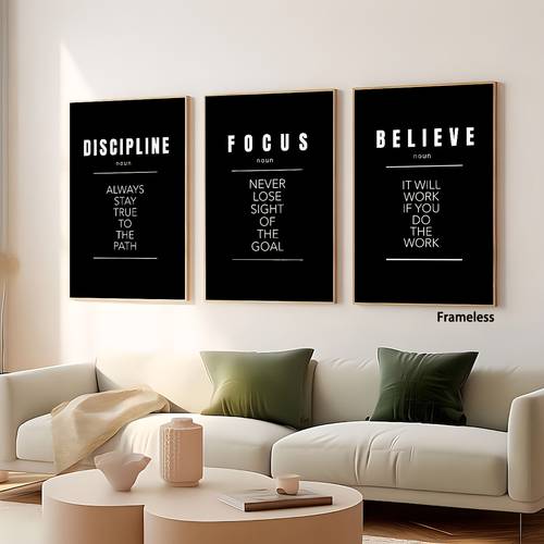 2d flat 3pcs modern vertical motivational quote wall art posters discipline focus believe suitable for home office gym classroom decor frameless canvas lettering with ink print minimalist vertical posters for bedroom study room gift