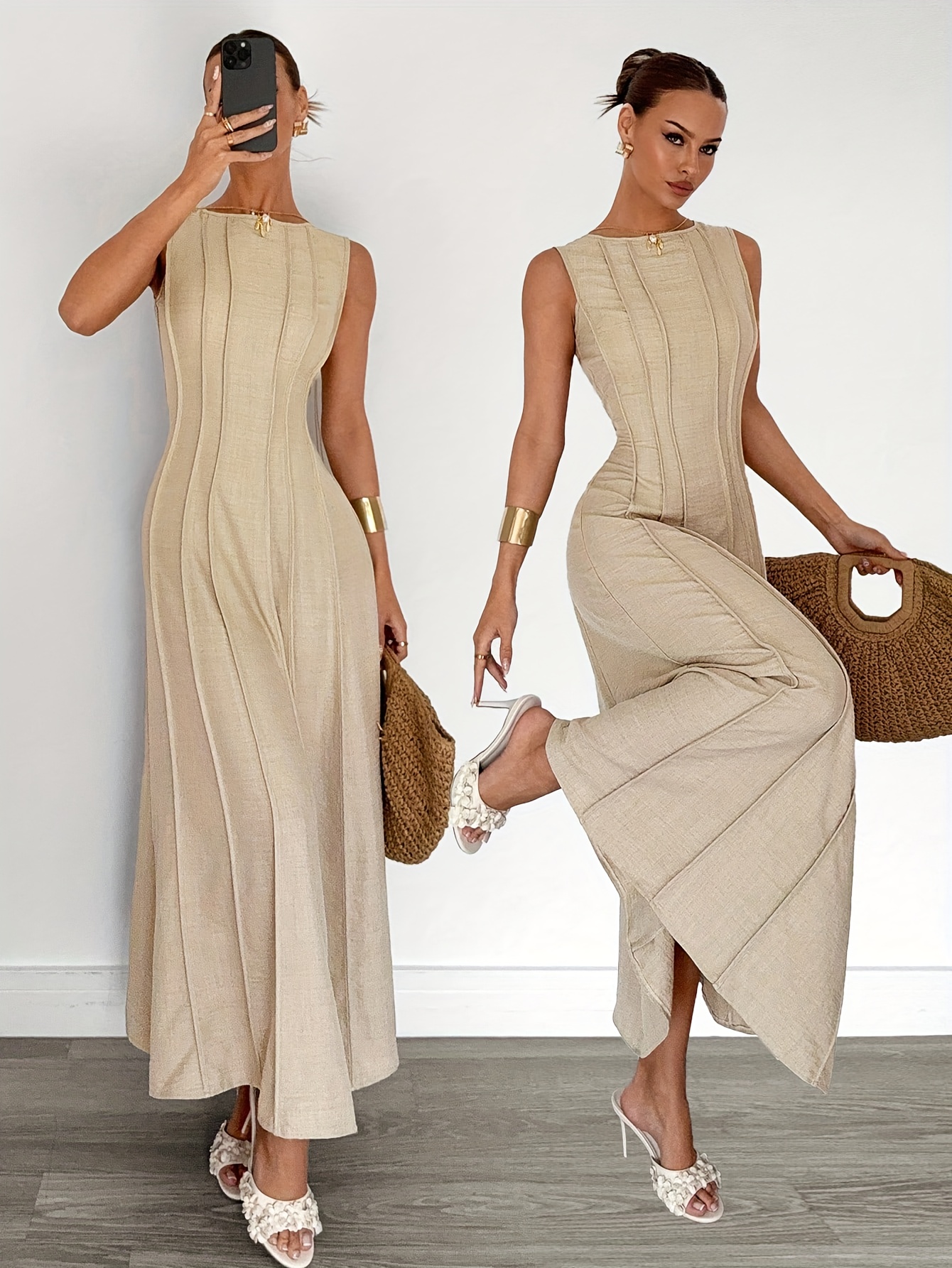 Women's Elegant A-Line Maxi Dress with Slit Waist & A-Line Hem - Solid Color Round Neck Fall Dress for Wedding Guest, Party, Vacation - Machine Washable Wedding Guest Gown