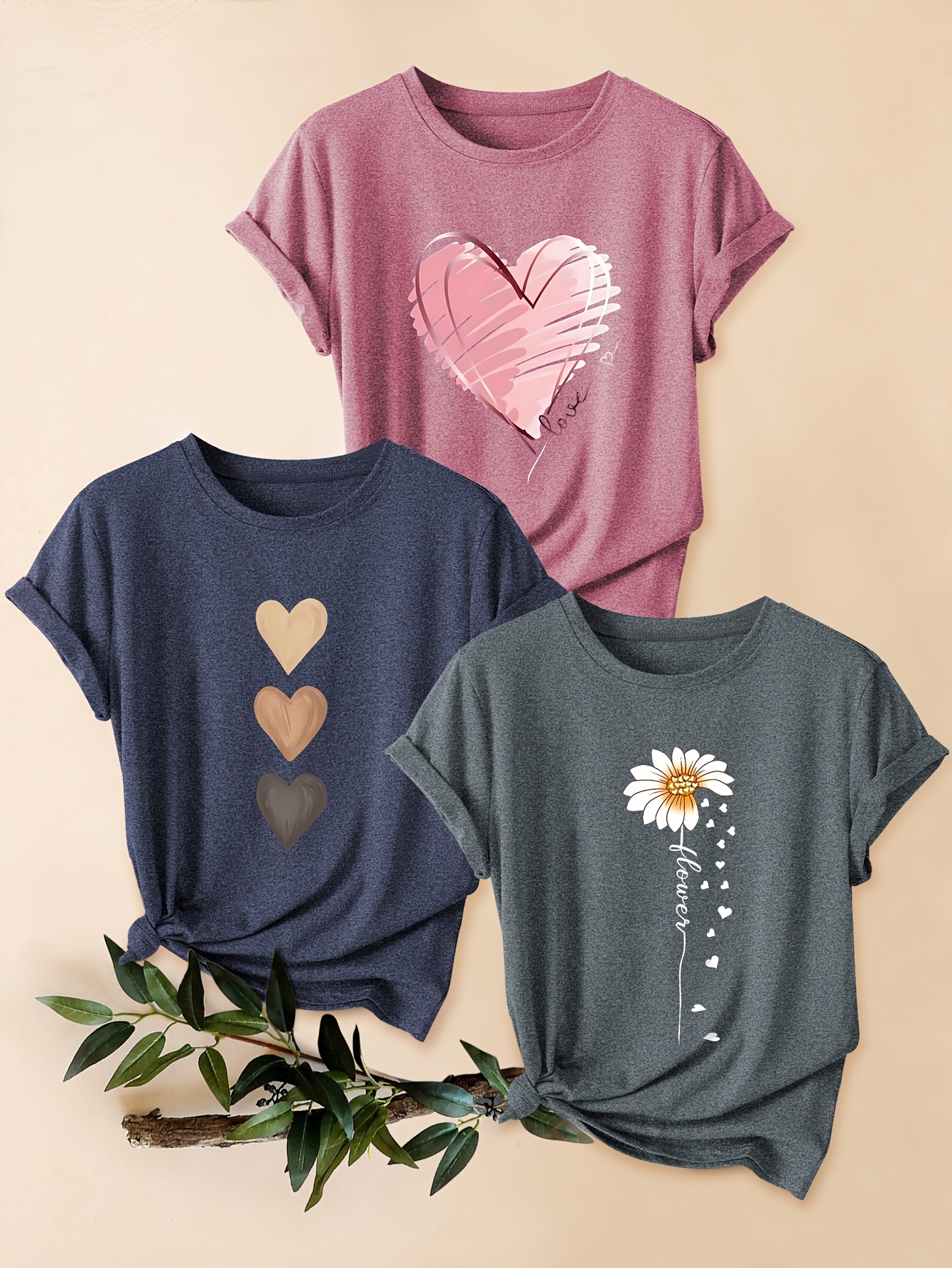 3pcs womens vintage inspired graphic tees floral heart   short sleeve t shirts   round neck   for spring summer fall olive green teal lavender seasonal fashion   lightweight tee printed top style enthusiasts mixed color 0