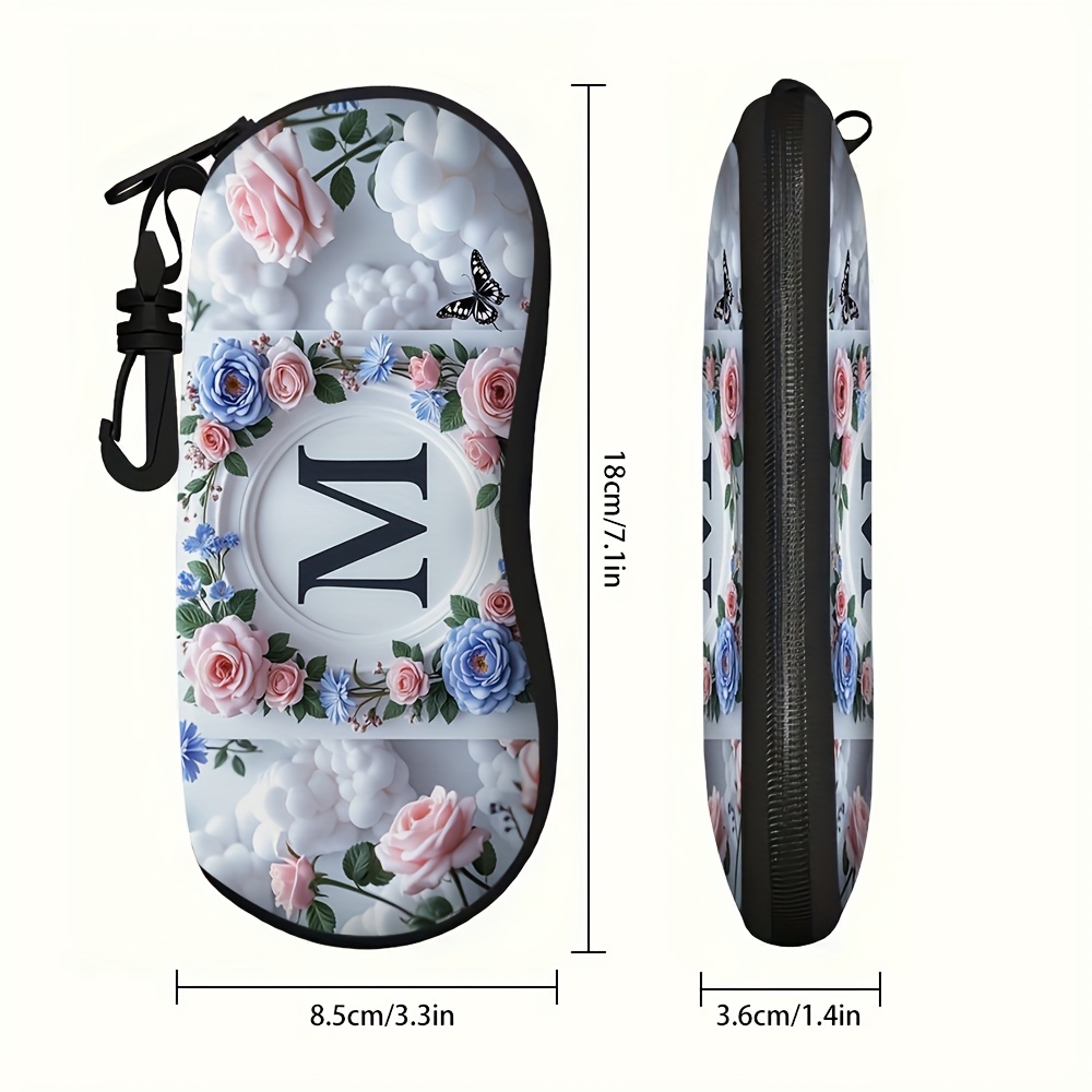 TEMU 1pc Elegant Glasses Case With Zipper - Protective Pouch For Eyeglasses, Ideal For Women, Stylish Black & White With Pink Roses & Accents,