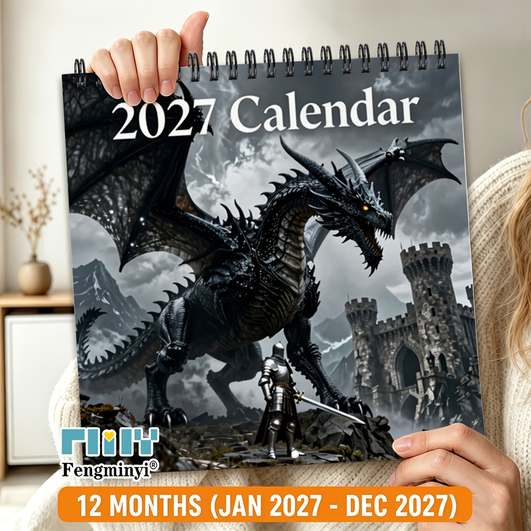 TEMU 2d Flat Planners 1 Book 2027 Wall Calendar, 2027 Dragon Wall Calendar, 8.3x8.3 Inch Square Lined Spiral Hanging Calendar, 12-month Monthly