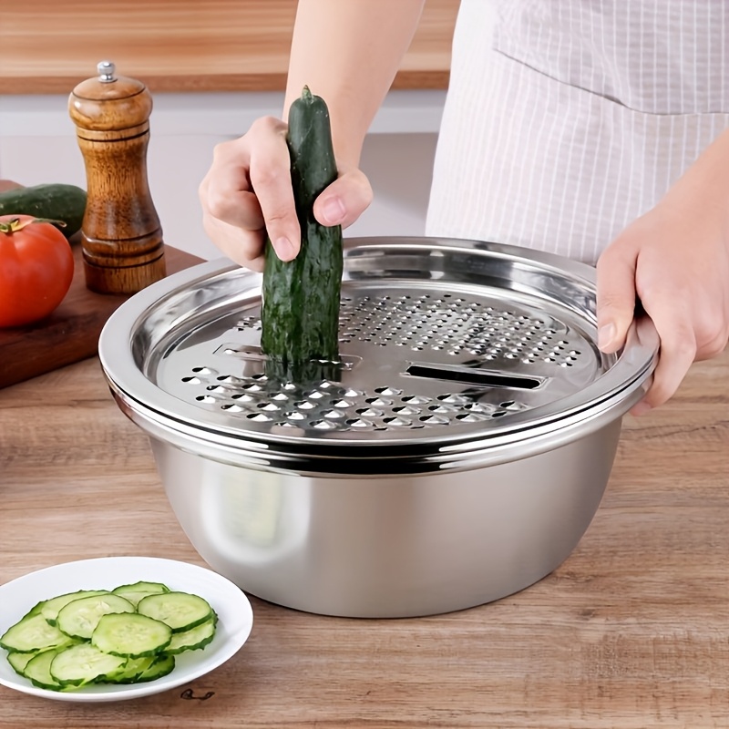 3pcs stainless steel kitchen set with integrated grinder multifunctional filter and mixing bowl ideal for cleaning and slicing fruits vegetables cheese food safety with drainage system     kitchen grinder