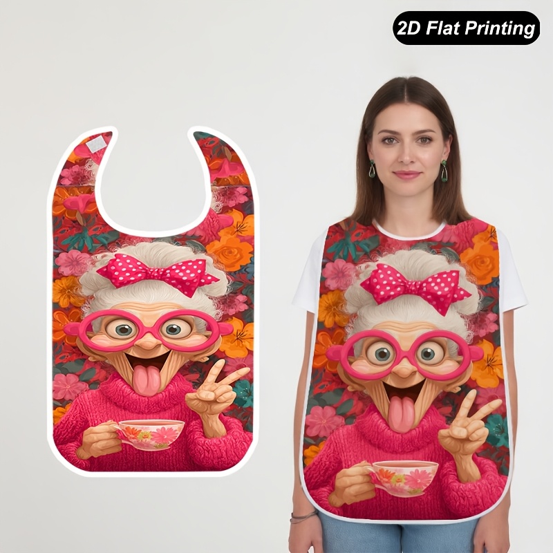 TEMU 1pc Printed 2d Flat Bib Happy Grandma Pattern Fashionable Adult And Dining Bib Versatile Unisex Tableware Accessory Appearance Bib Durable And