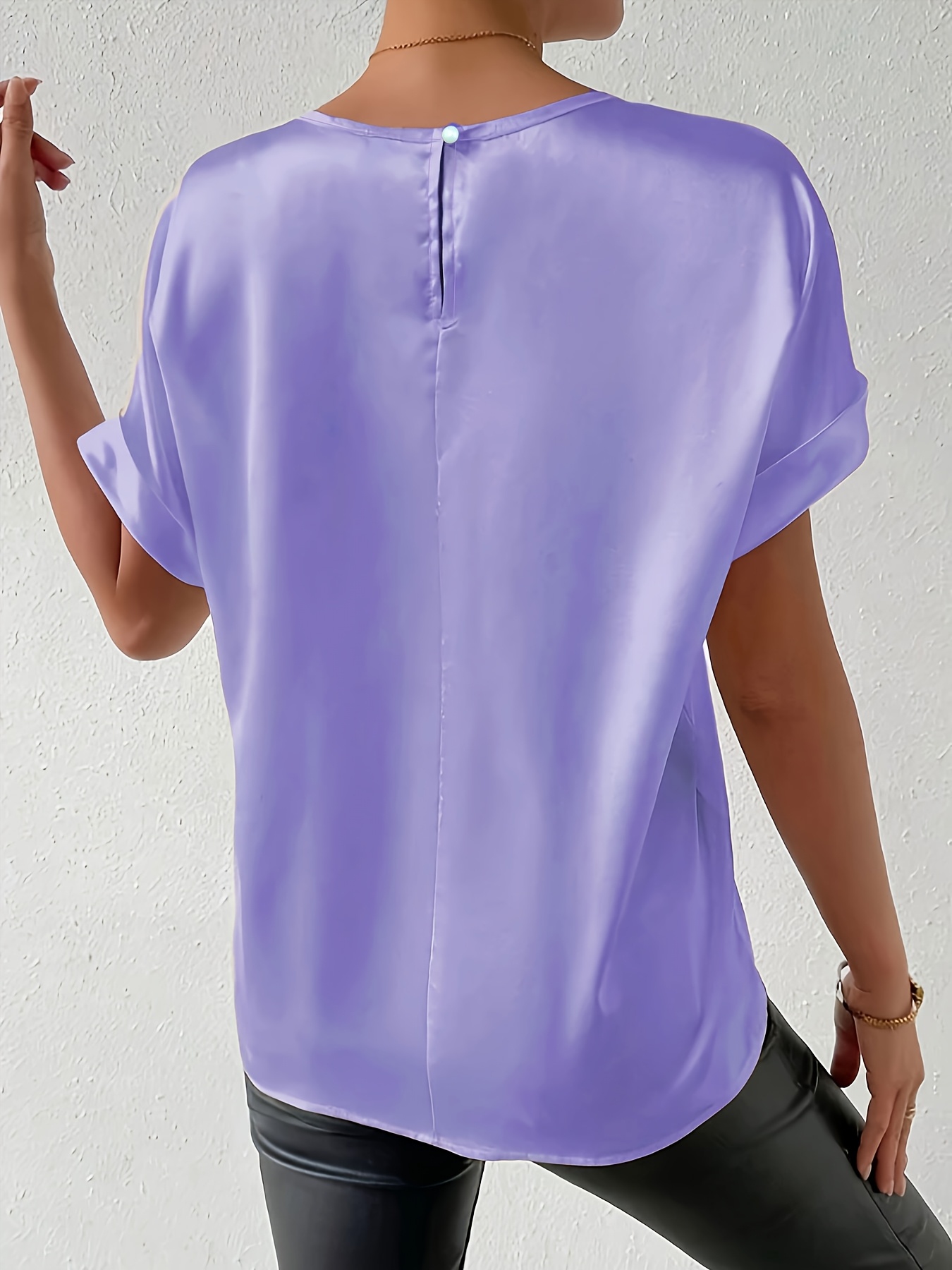 Women'S Plus Size Light Blue Woven Blouse - Elegant Short Sleeve Crew Neck, Solid Color, Non-Stretch Fabric, Perfect for Summer, Casual Summer Wear|Sleek Fitted Look|Nonstretch Material, Plus Size Blouses