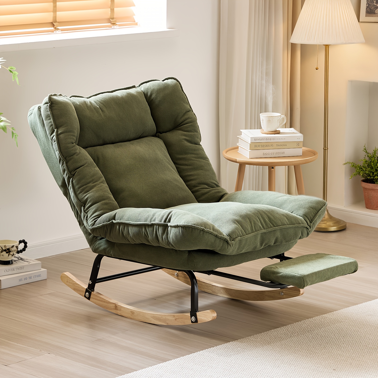 Image of Topchances Adjustable High Back Rocking Chair With Footrest, Extra Wide Soft Cushioned Glider Rocker, 90°-180° Reclining Backrest For Home Balcony Garden Courtyard Outdoor Leisure