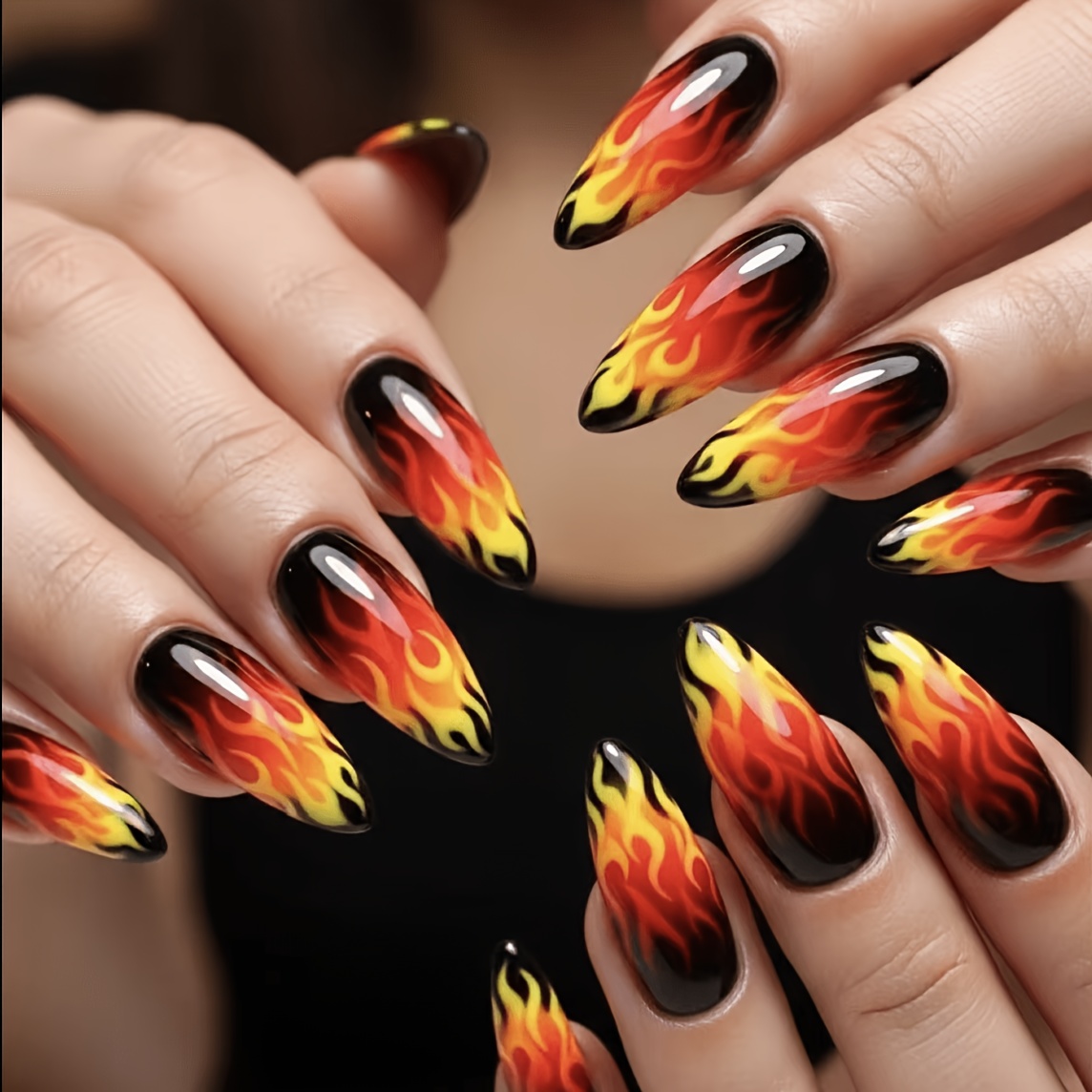 TEMU Cool Edgy Street Style Flame Nail Art Red Black Yellow Gradient Western Style Handmade Wearable Nail Sheets