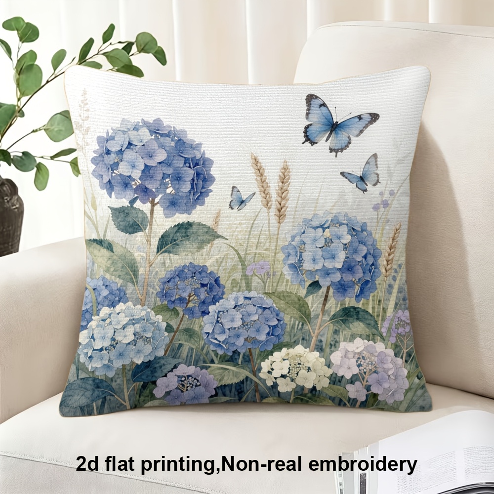 TEMU 2d Flat Printing, 1pc, Blue Hydrangea Flowers With Butterflies In A Garden, Pillow Cover, Double-sided Printing, Polyester, Very Suitable For