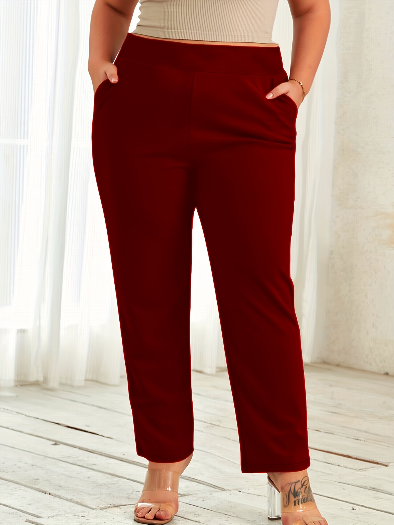 plus size elegant straight leg pants solid color stretch fabric   fit for women spring summer fall plus size pants burgundy 1