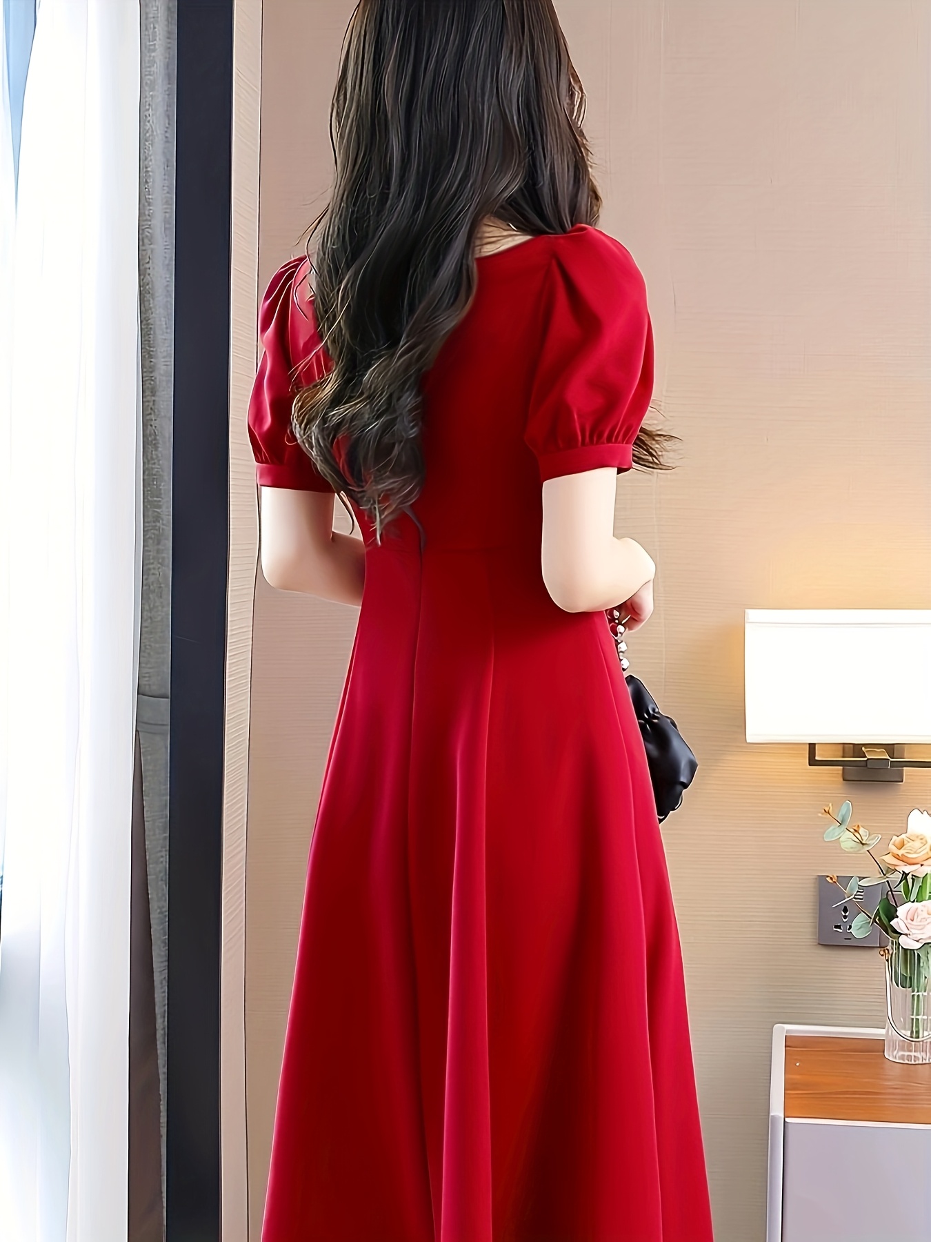 womens elegant boat neck red dress long sleeve Temu Philippines
