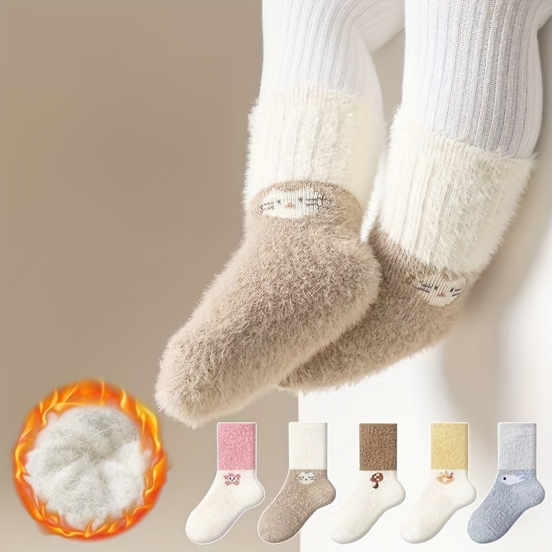 Pack Of 5/4 Pairs Of Infant And Toddler Mid-calf Socks, Winter Style, -lined, Thickened, Mink, Cartoon Pattern, High Elasticity, Soft, Skin-friendly, For 0-5 Years Old Boys And Girls, Winter Socks