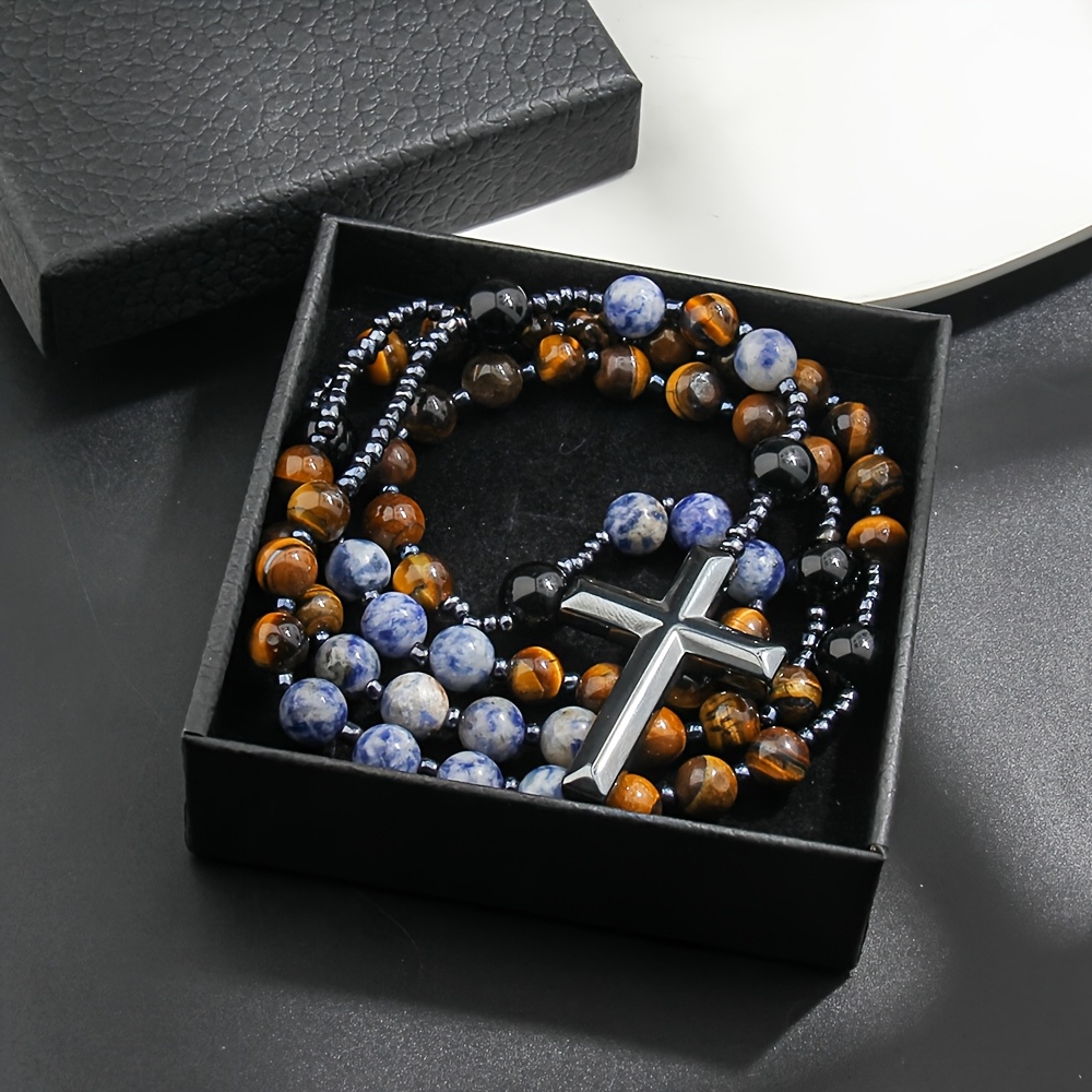 Image of Onyx Cross Pendant Necklace, Fashionable Eye Bead Necklace, Unisex Necklace For Men And Women - Holiday Gift