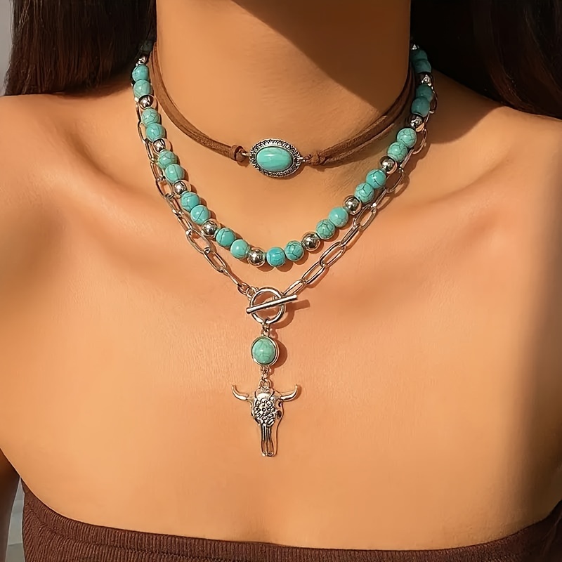 TEMU Set Of 3 Retro Ethnic Style Women's Turquoise Chain Necklace - Alloy, Plating, Turquoise Inlay, Suitable For Vacation/, Fashion Jewelry For All
