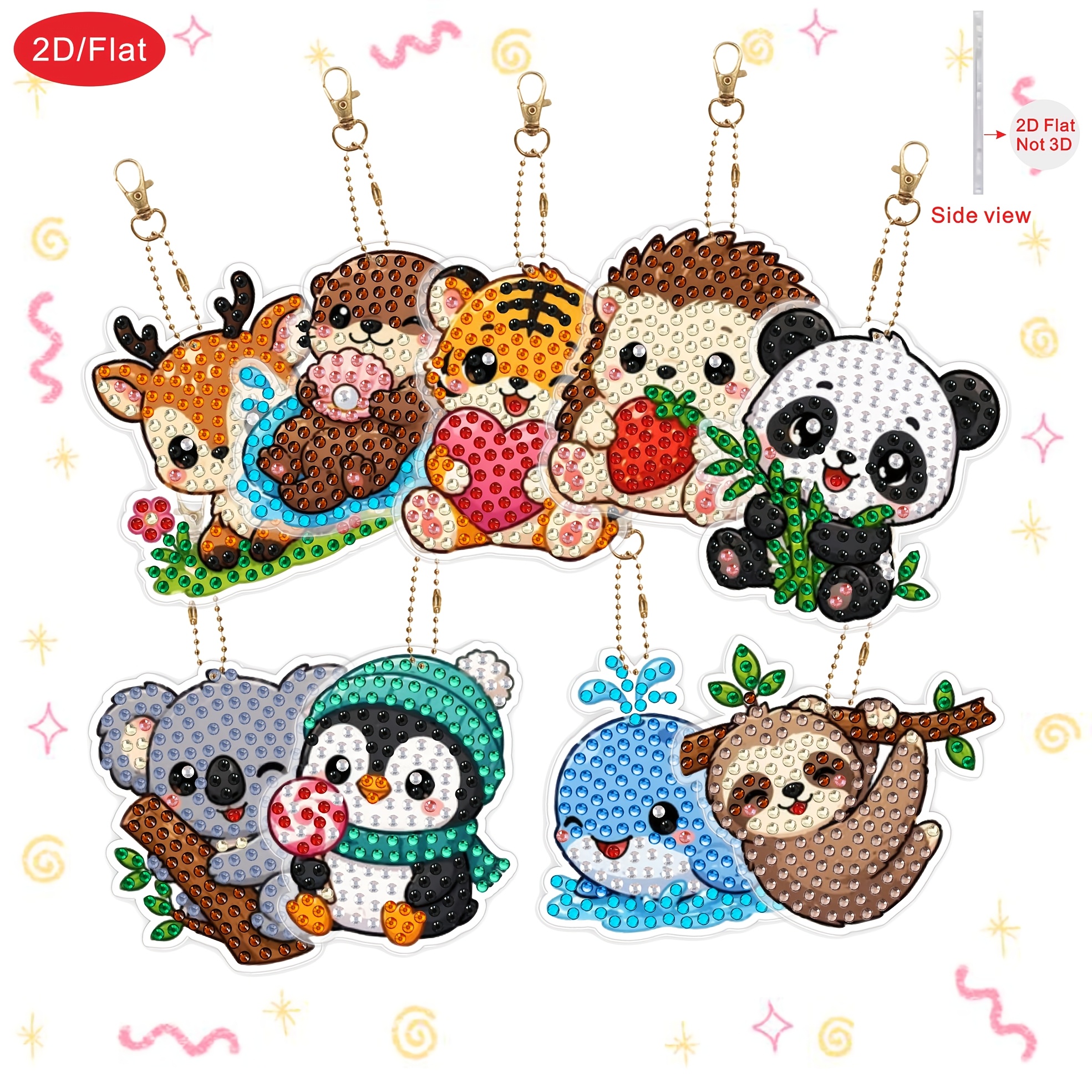 TEMU 2d/flat 9pcs Animal-themed Diamond Painting Keychain Pendant Kit For Adults, 5d Double-sided Mosaic Pendant, Home Decoration, Party Decor, Ideal