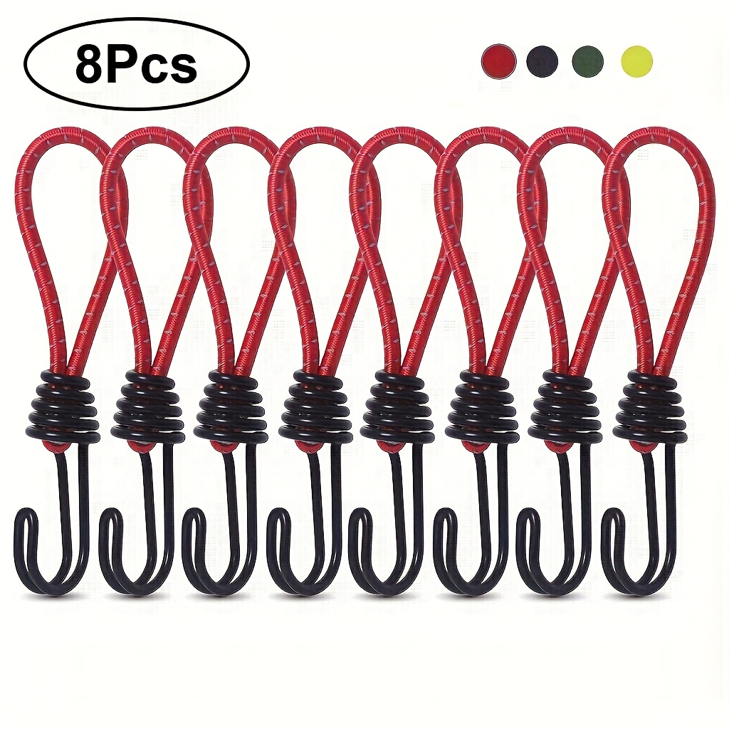 8pcs heavy duty reflective bungee cords with double head metal hooks 122lb pull strength elastic strapping tape for secure bike tie downs camping gear and outdoor luggage fastening travel bag strap  