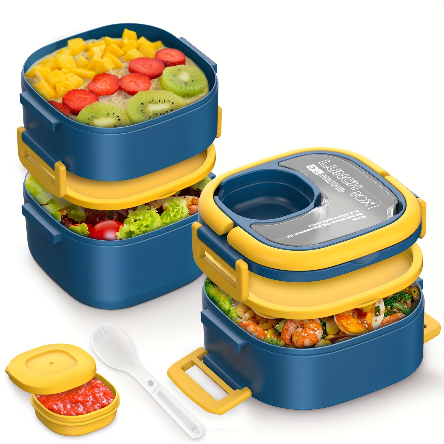 

Bento Box Lunch Box For Kids, 1.84l (62oz) Stackable 3 Layers Leak-proof Lunch Container, Microwave Safe Snack Salad Meal-prep Bento Box For Adults And Kids To School, Work, Camping-blue