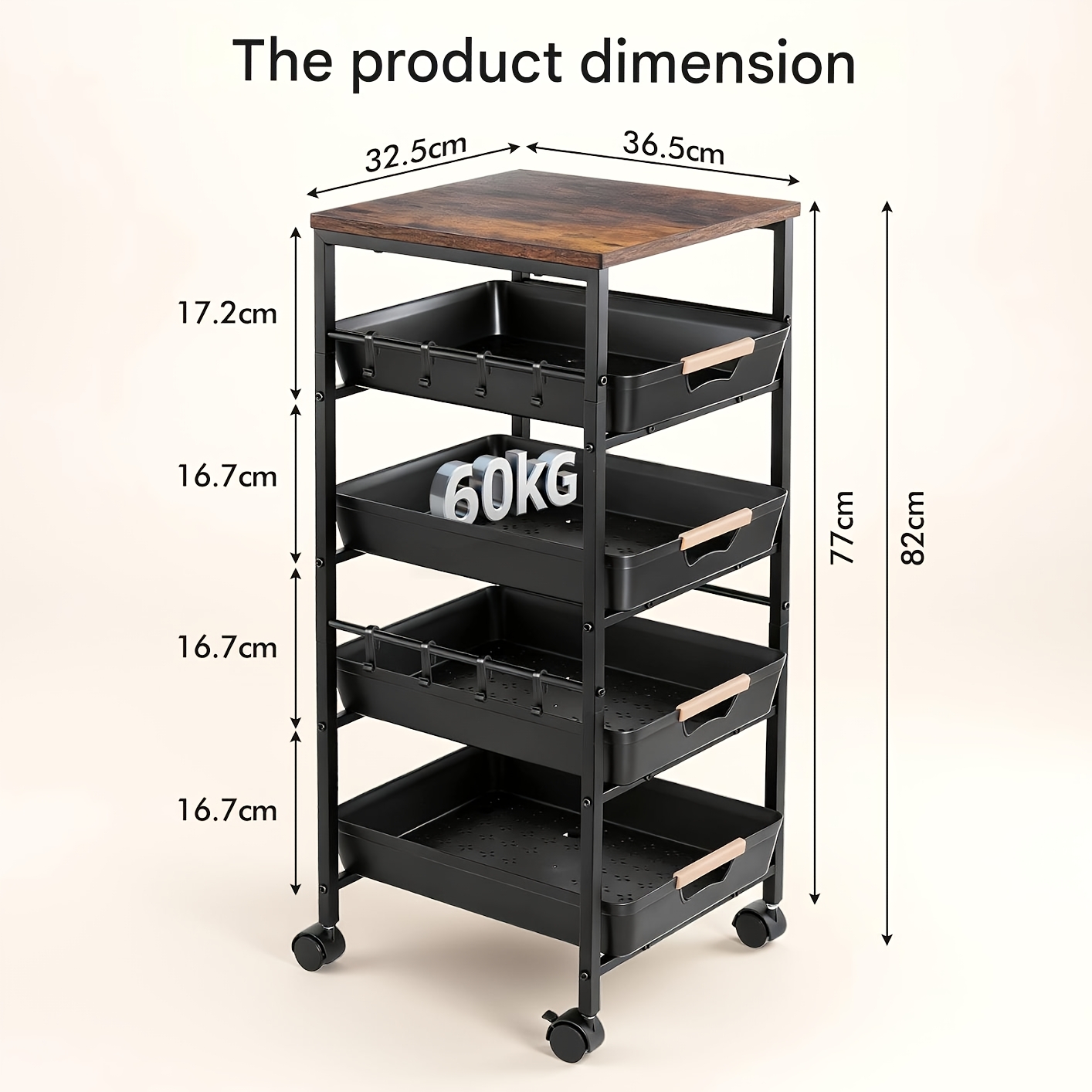 Image of 5-tier Storage Trolley On Wheels, Metal Kitchen Rolling Cart With Pull-out Baskets, Wooden Top Narrow Space Utility Cart Slide Out Organizer For Kitchen, Bathroom, Laundry Room, Black