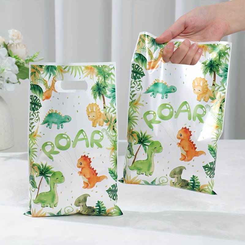 

10/25/50 pièces, sac à main en plastique avec dinosaure pour la décoration de fête d'anniversaire, bonbon, emballage cadeau portable à thème dinosaure, sac de rangement vert jungle et forêt