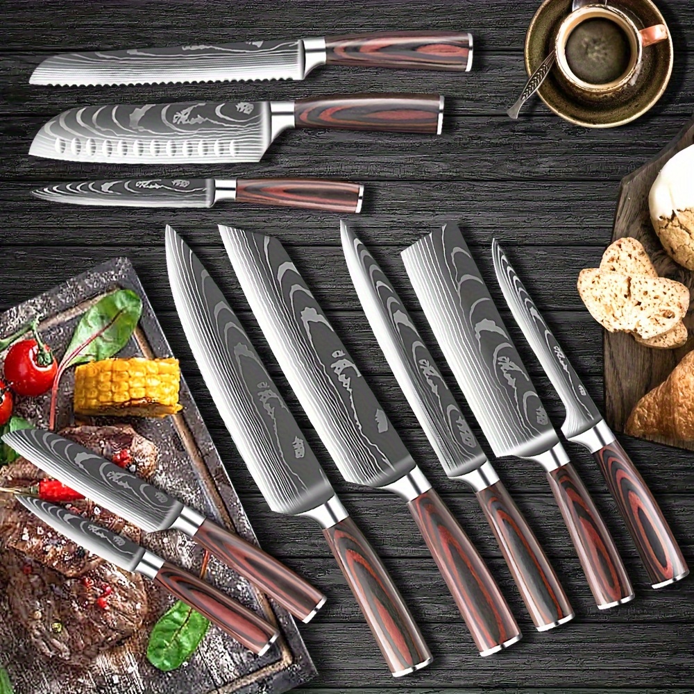 

8-piece -carbon Steel Knife Set - Built-in Sharpener, Ergonomic Pakkawood Handles, Includes Chef's Knife, Bread Knife, Kitchen Scissors, Fruit Knife, With Knife Holder - Kitchen For Cooking Mastery