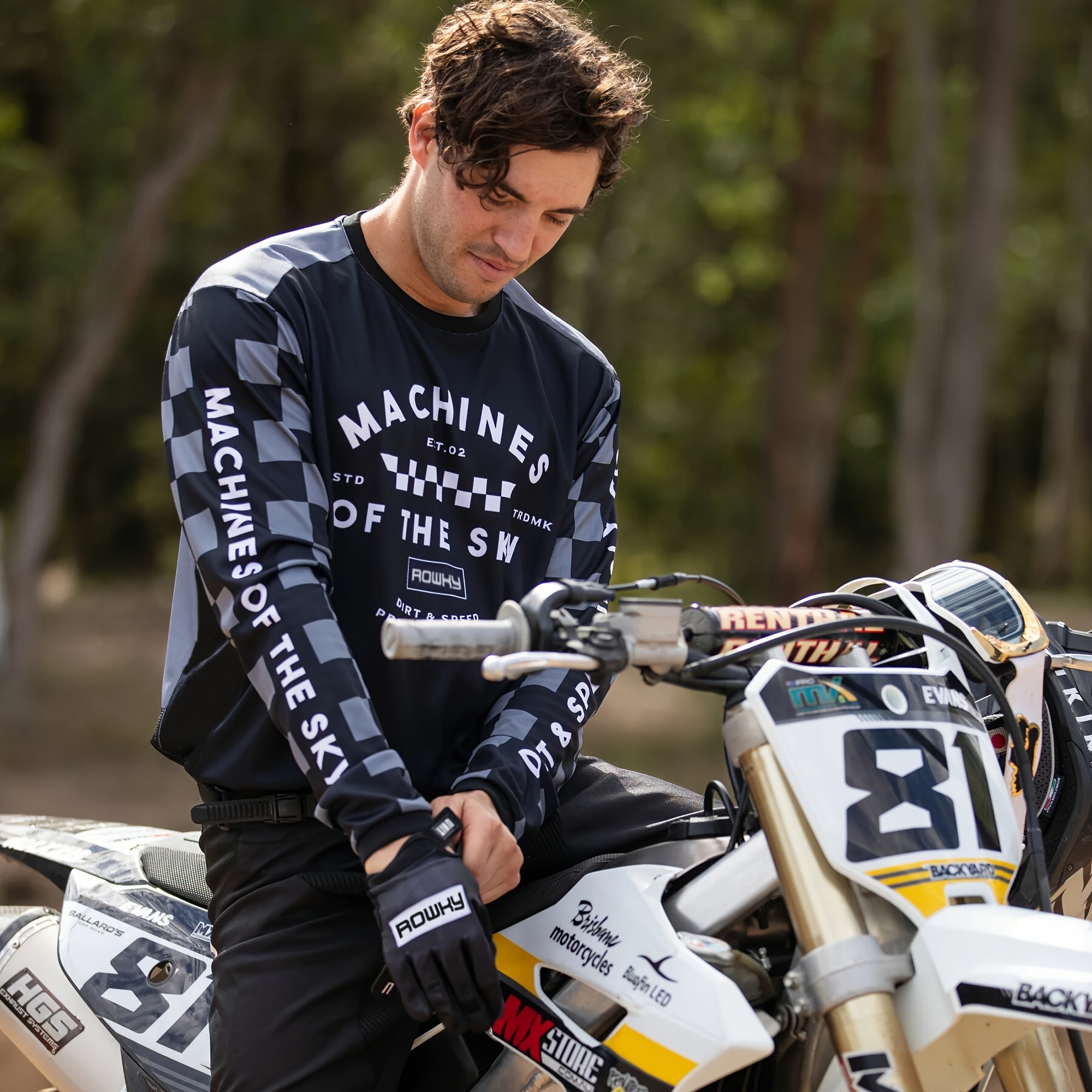 mens quick dry   motorcycle riding shirt long sleeve loose fit black white checkered pattern with machines of the   polyester   off road motocross events
