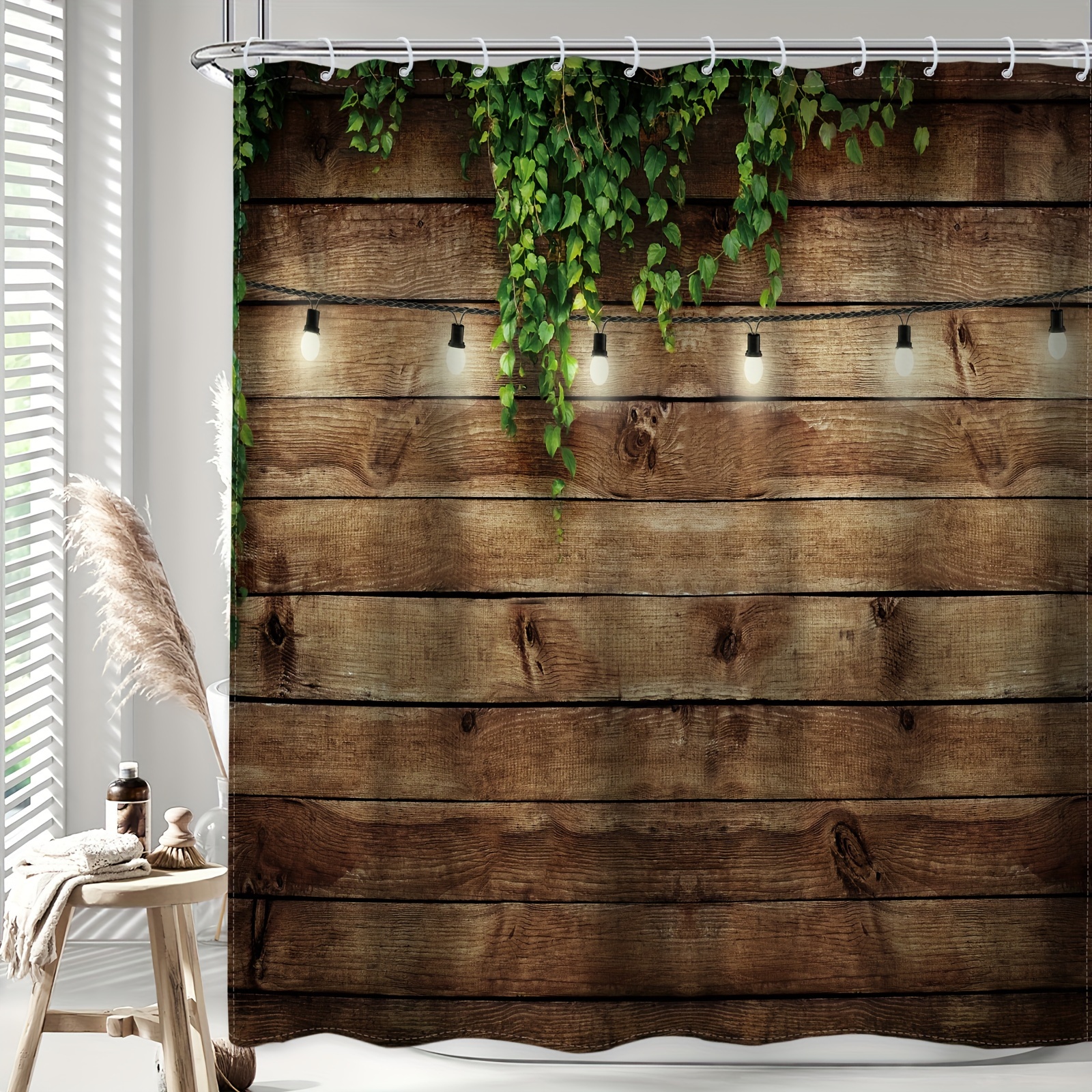 

1pc Rustic Farmhouse Outdoor Shower Curtain, Scenery Wooden Door Green Leaves Antique Brown Wall Lights Bathroom Home Decor, Waterproof Polyester, 12 Pack Hooks, 72wx72h Inch