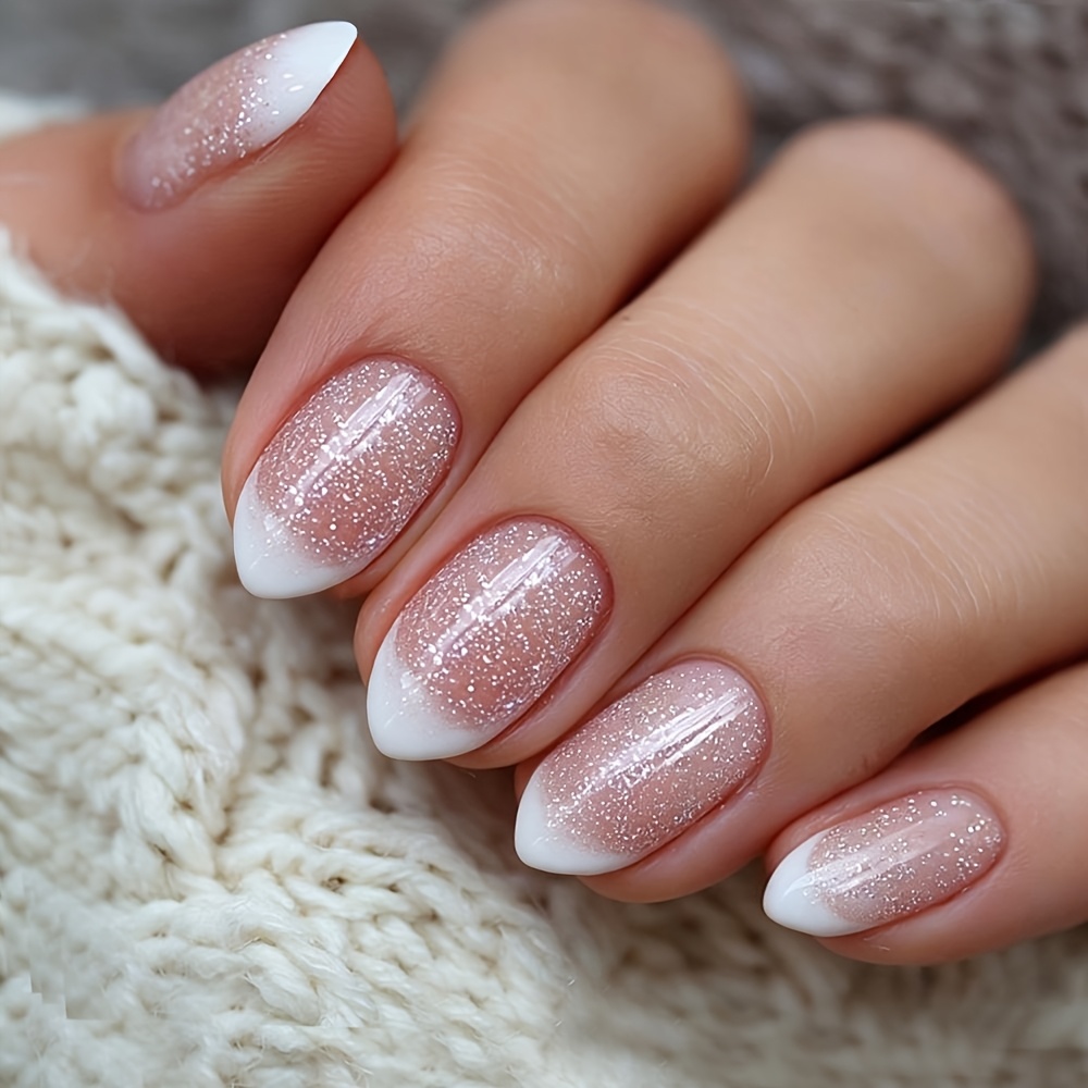 TEMU New Almond-shaped Fine Glitter French Gradient Easy Nude -enhancing Press-on Nails, Soft And Elegant, Wear, Detachable And Reusable